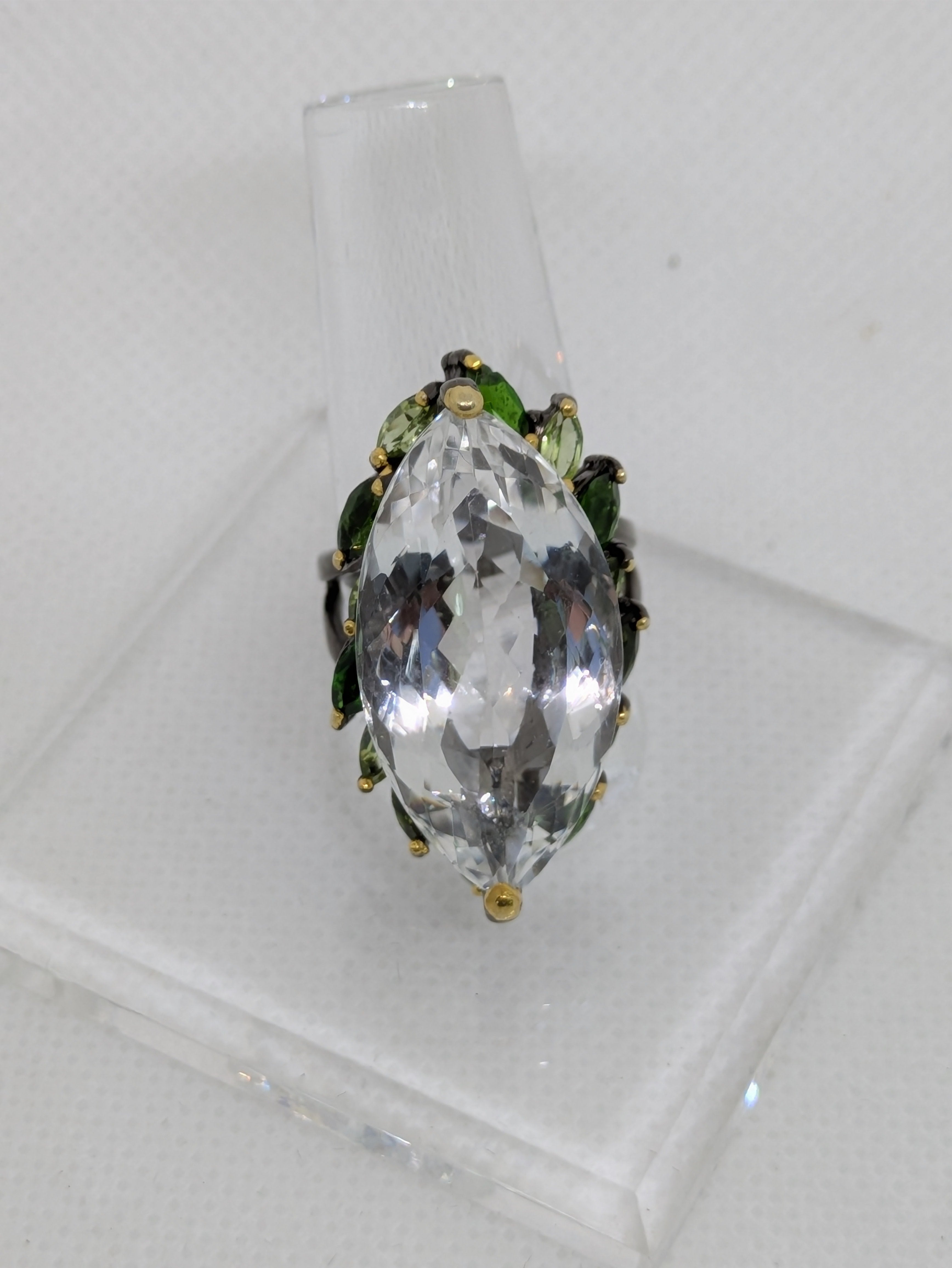 Natural 26 Carat Marquise Cut Quartz Ring with Peridot & Chrome Diopside Side Halo