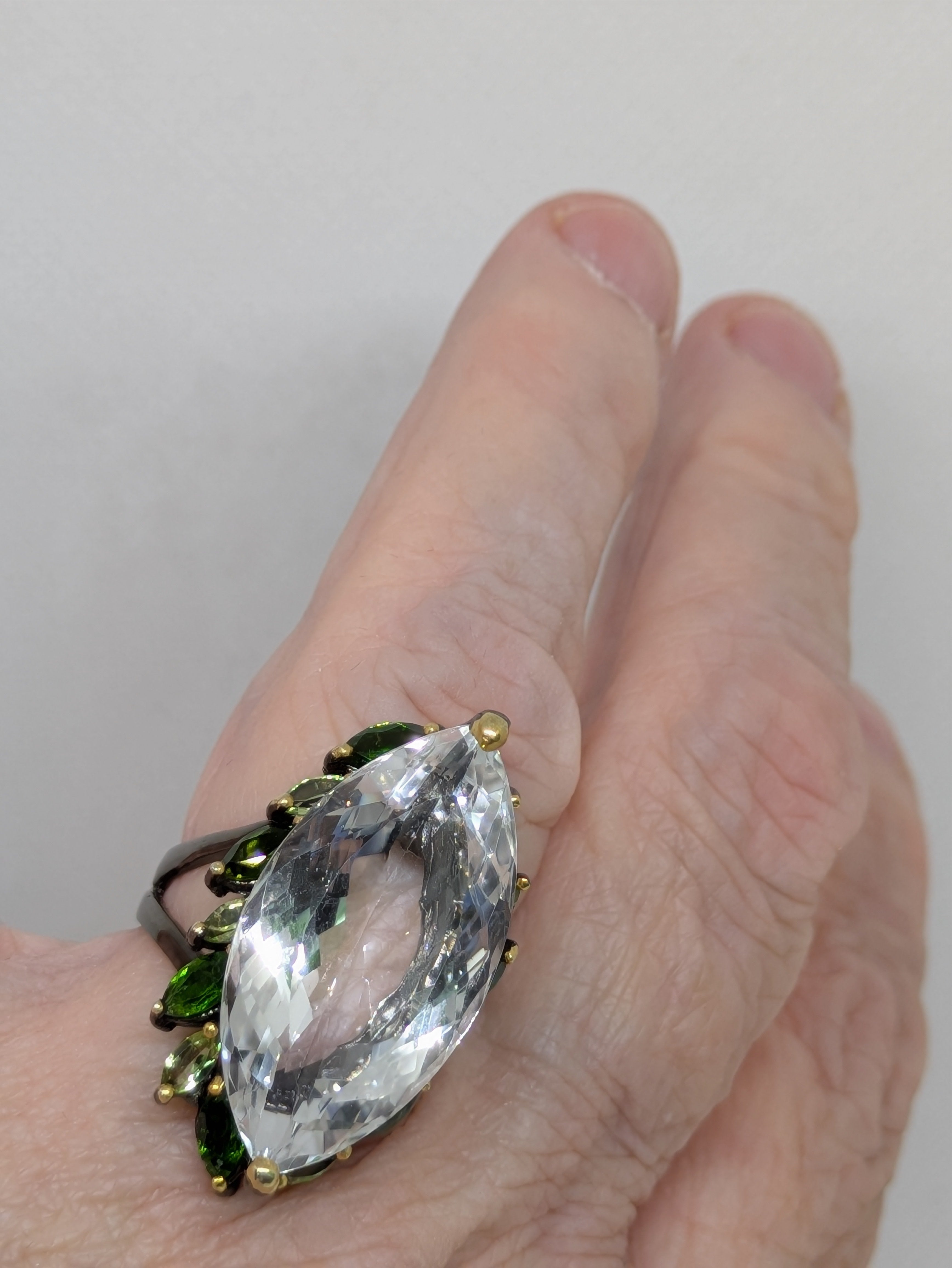 Natural 26 Carat Marquise Cut Quartz Ring with Peridot & Chrome Diopside Side Halo