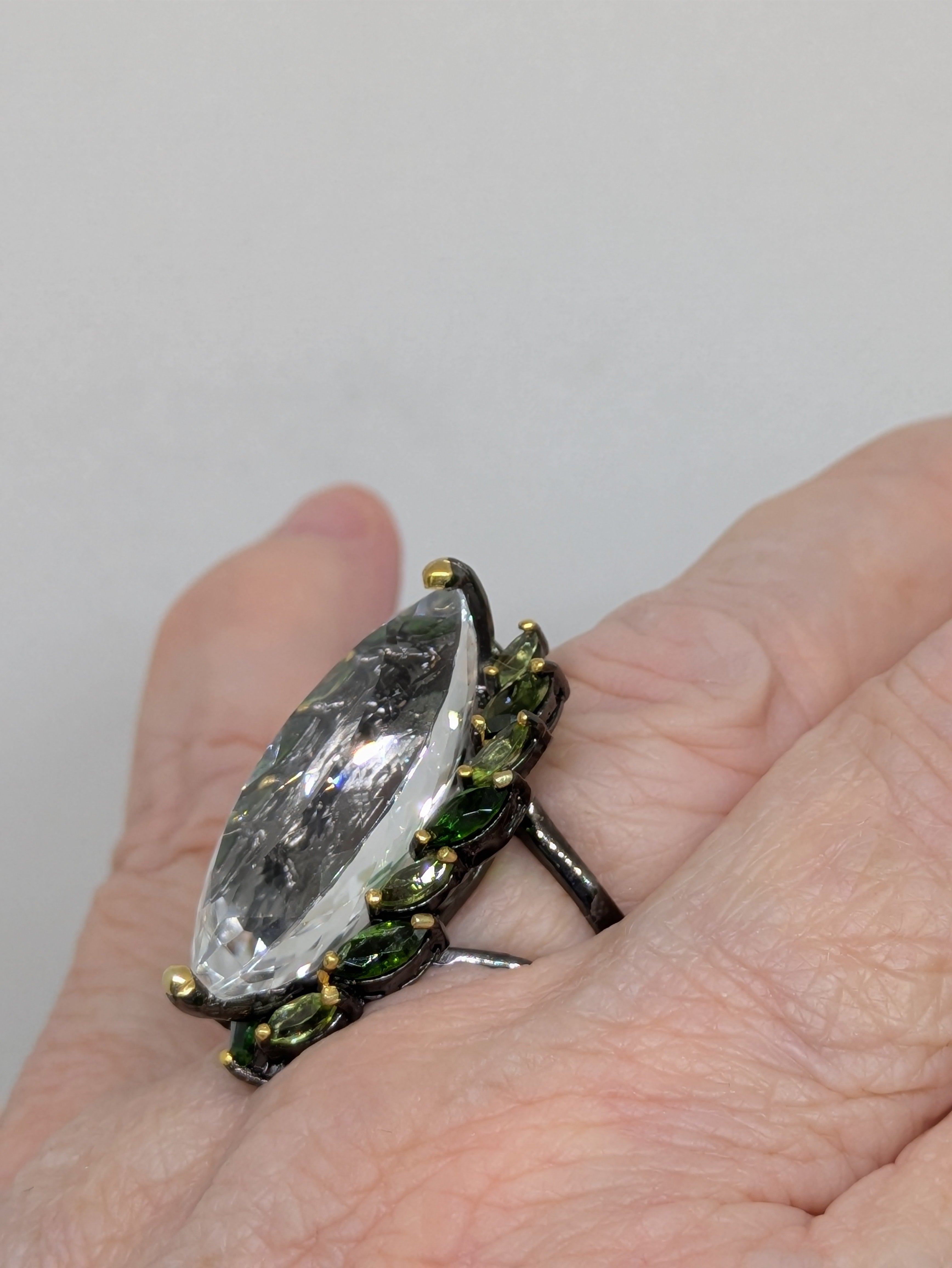 Natural 26 Carat Marquise Cut Quartz Ring with Peridot & Chrome Diopside Side Halo