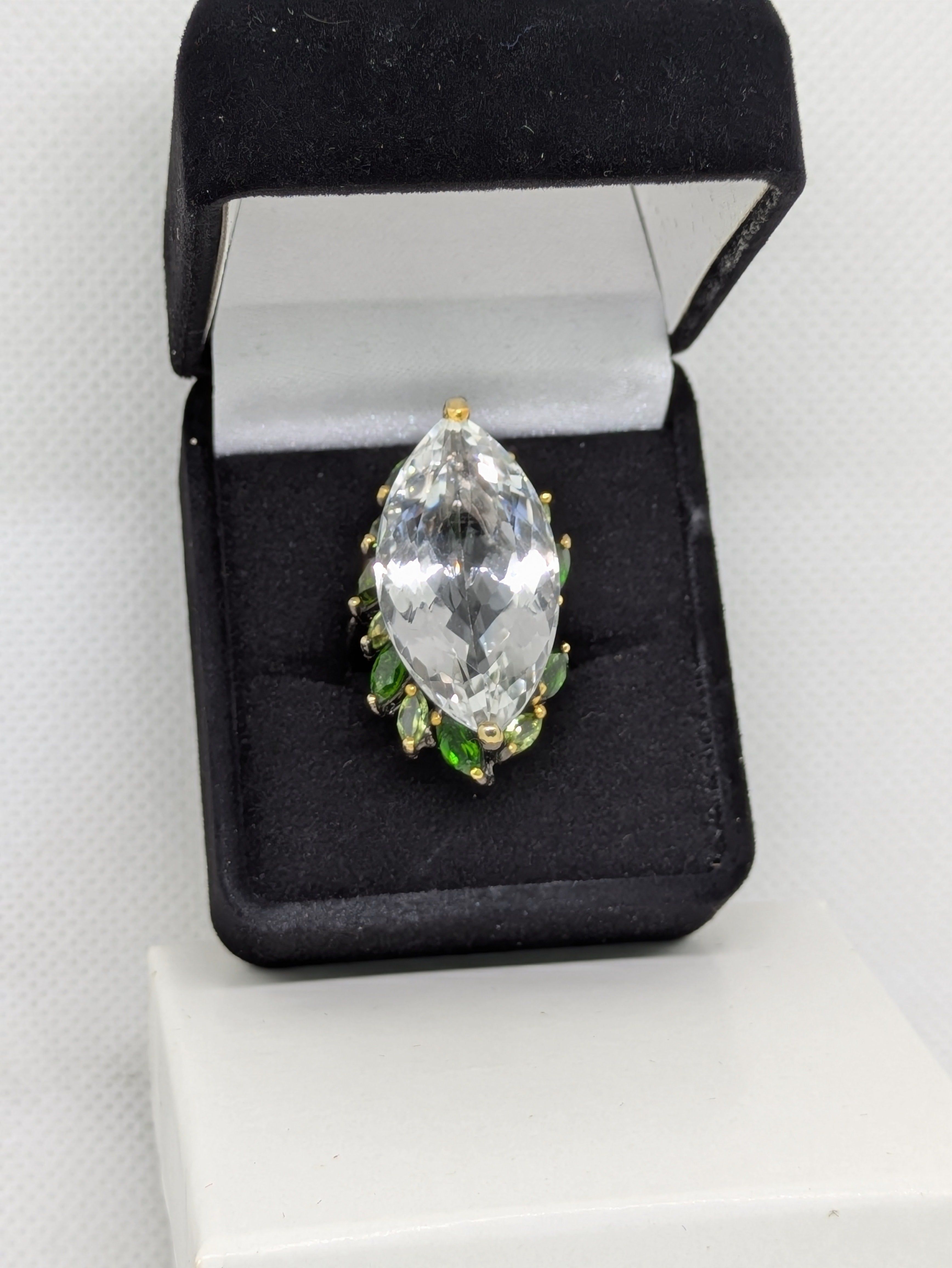 Natural 26 Carat Marquise Cut Quartz Ring with Peridot & Chrome Diopside Side Halo