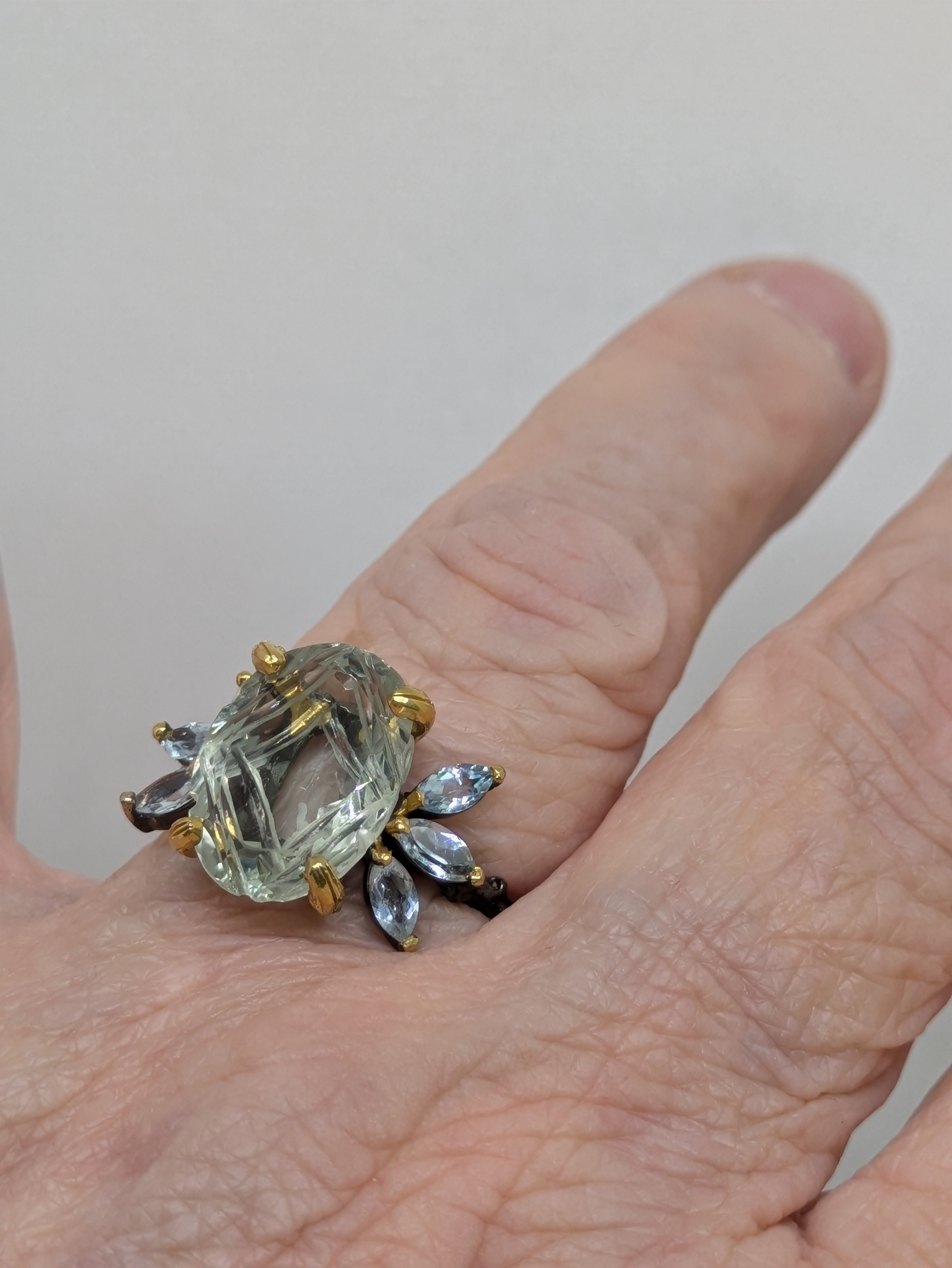 6 Carat Natural Green Amethyst (Prasiolite) Cocktail Ring with Blue Topaz Accents
