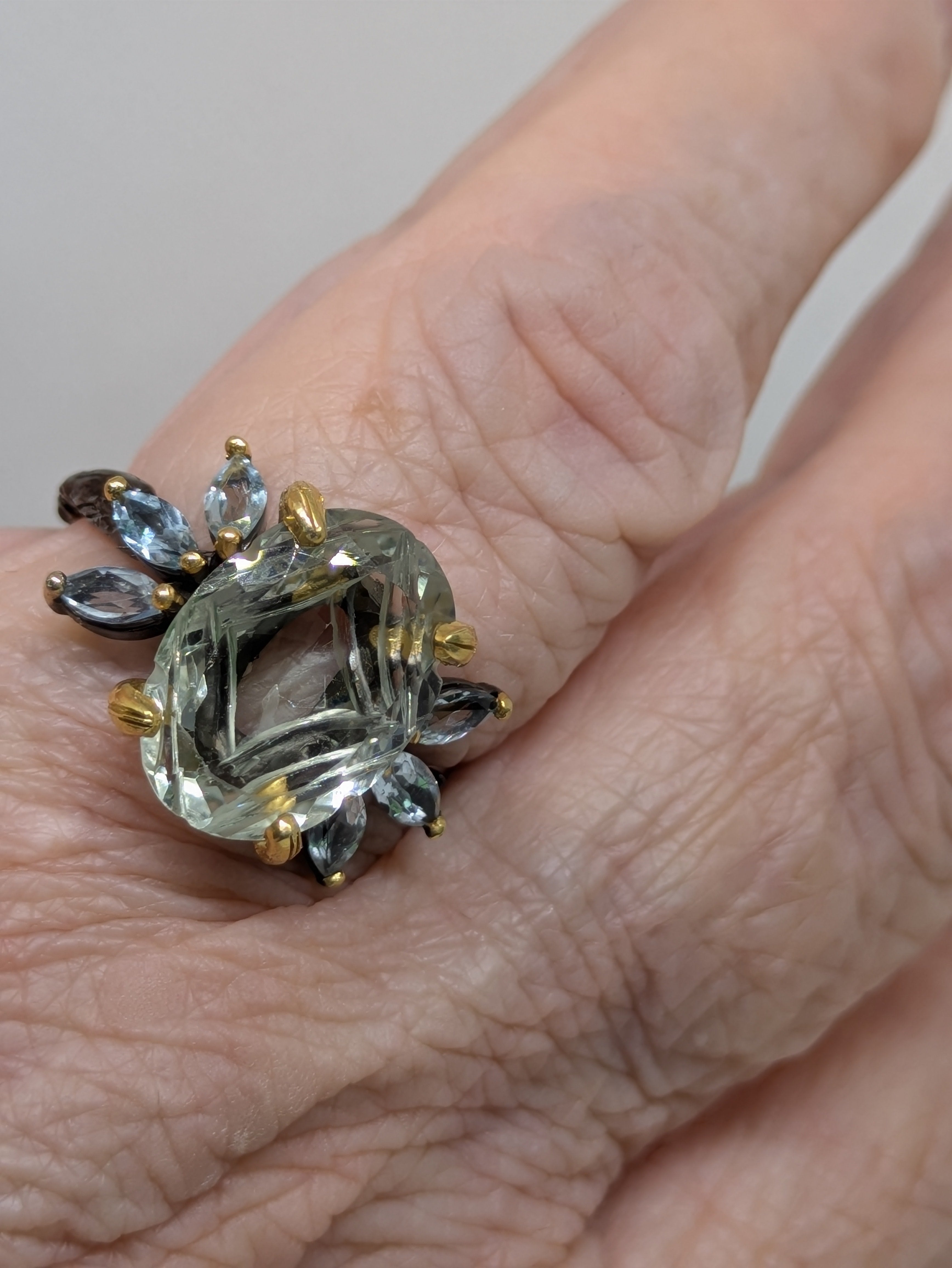 6 Carat Natural Green Amethyst (Prasiolite) Cocktail Ring with Blue Topaz Accents