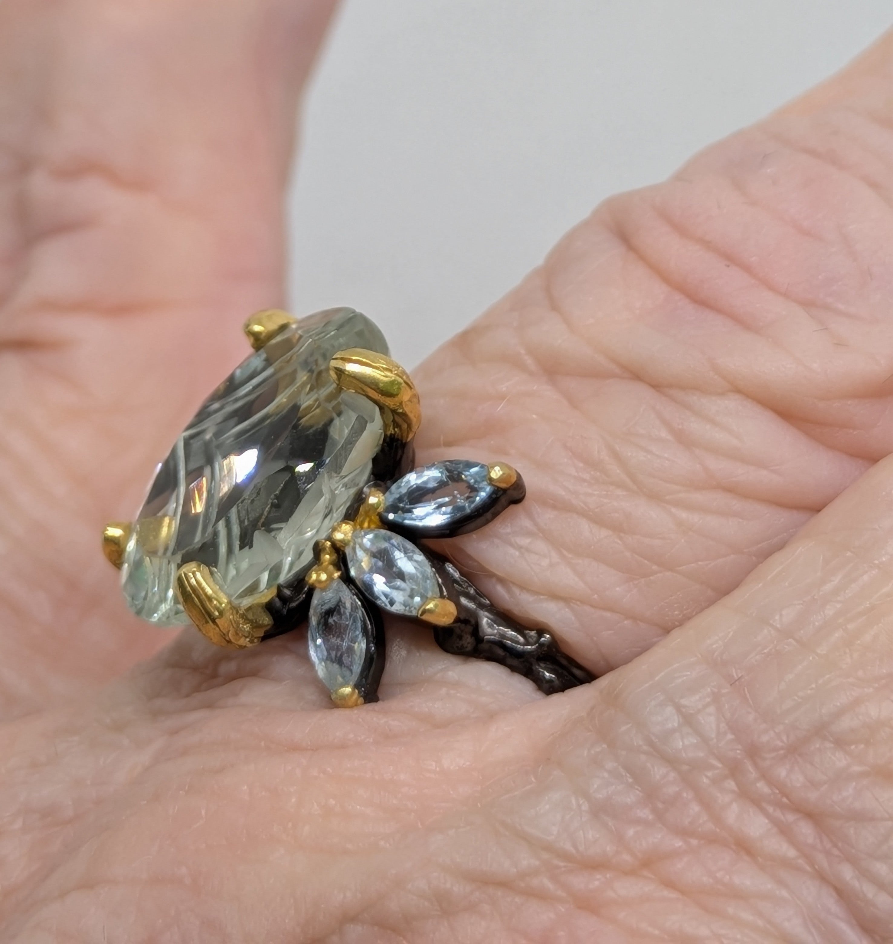 6 Carat Natural Green Amethyst (Prasiolite) Cocktail Ring with Blue Topaz Accents