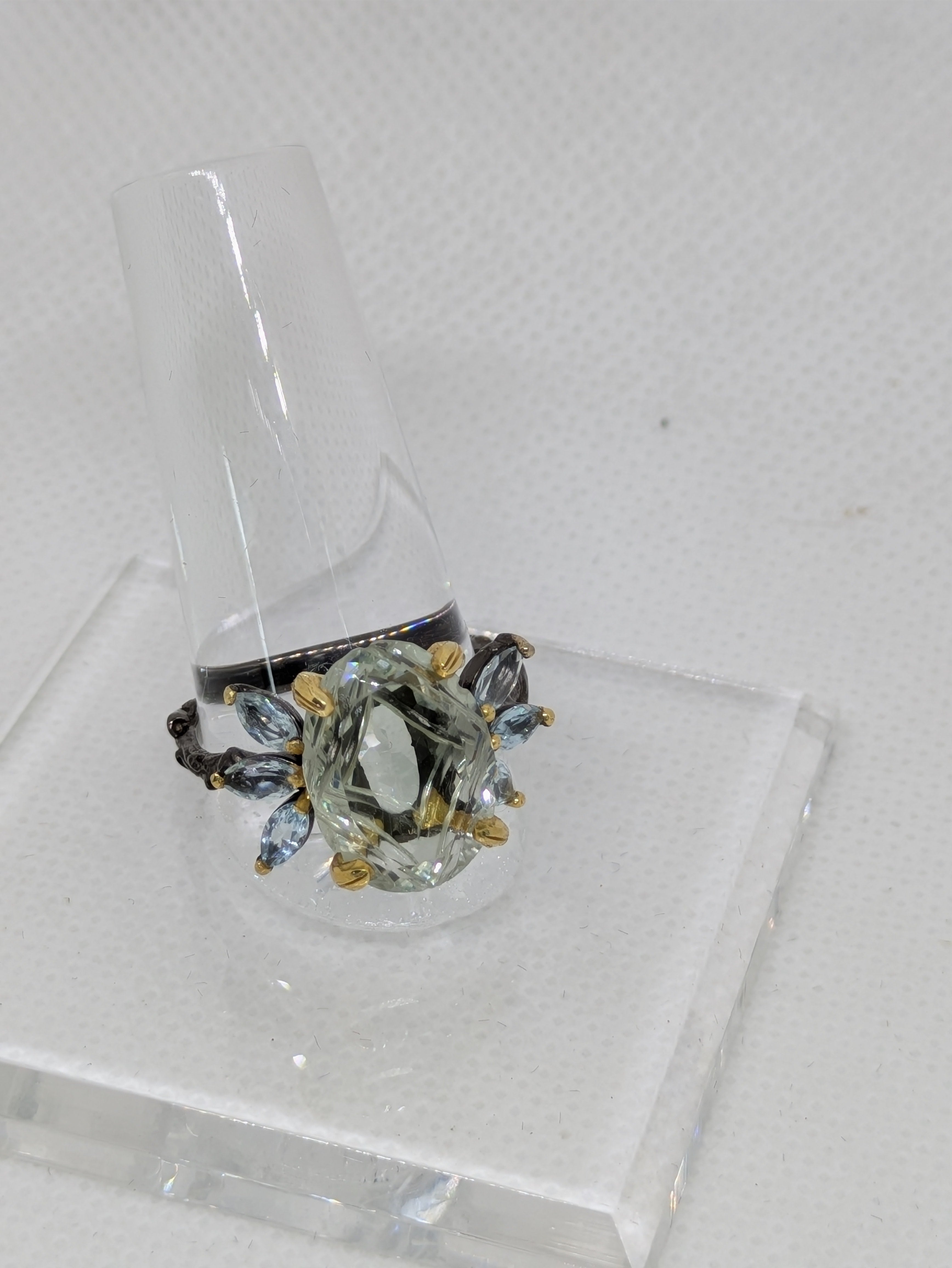 6 Carat Natural Green Amethyst (Prasiolite) Cocktail Ring with Blue Topaz Accents