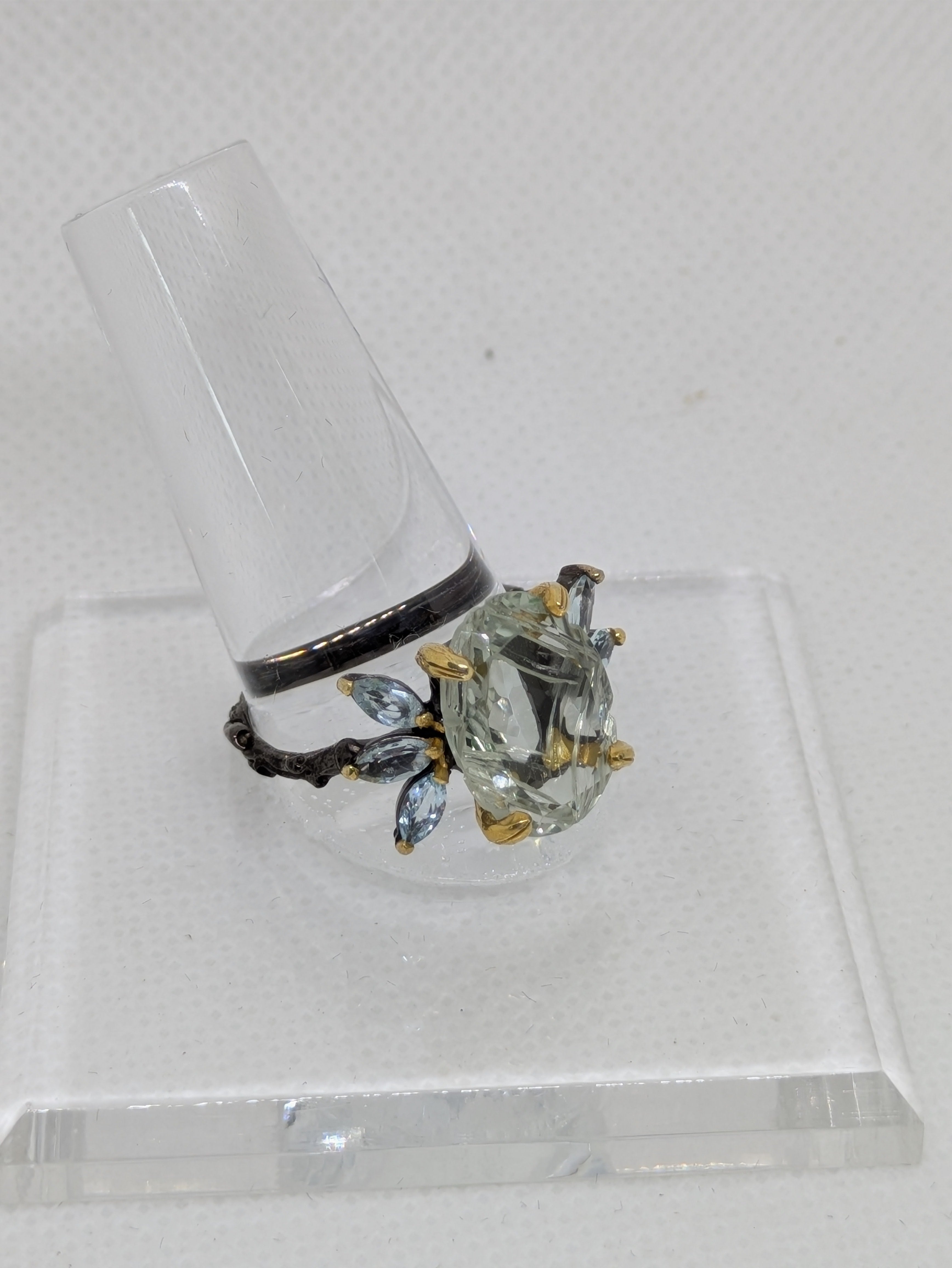 6 Carat Natural Green Amethyst (Prasiolite) Cocktail Ring with Blue Topaz Accents
