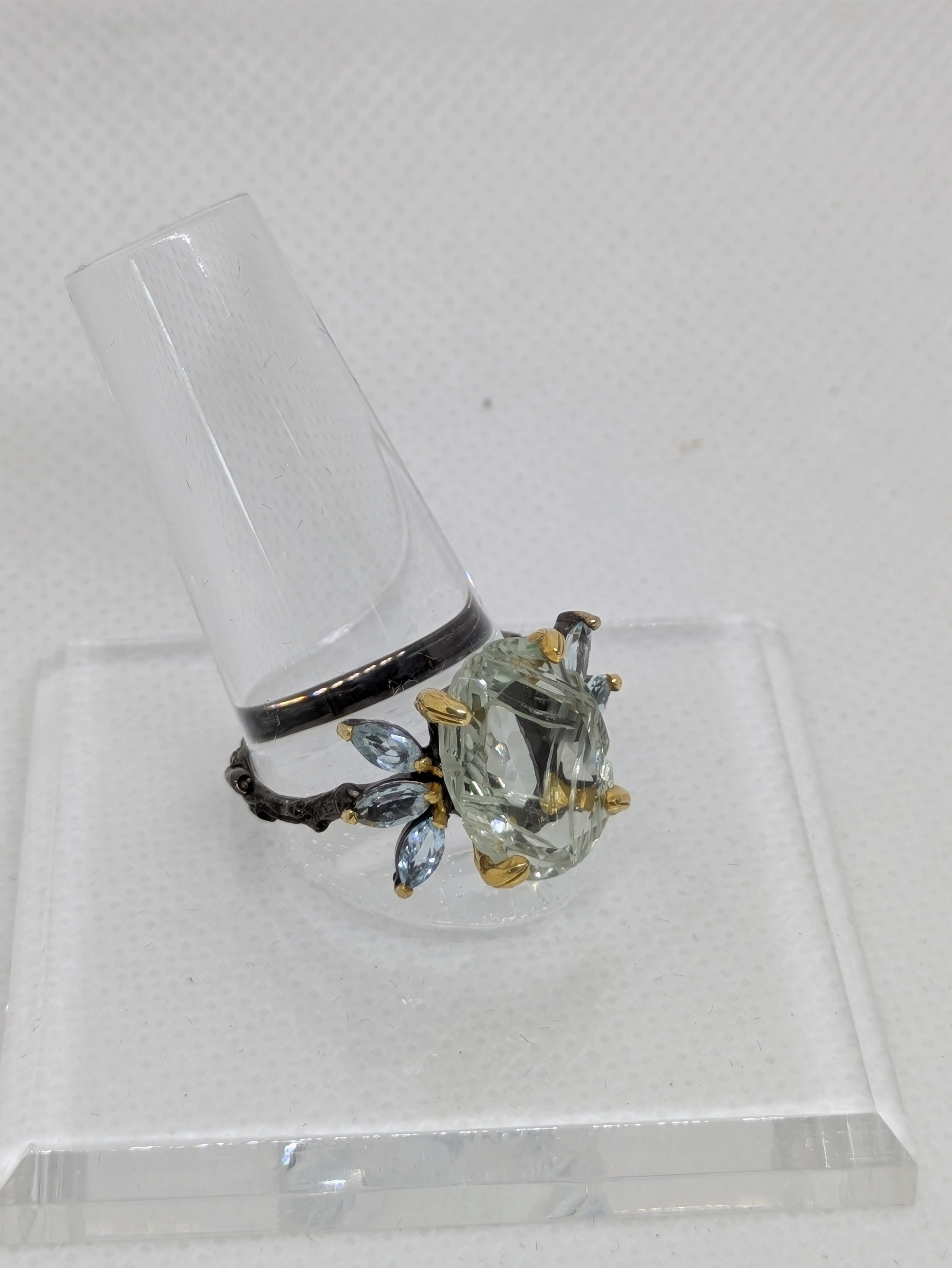 6 Carat Natural Green Amethyst (Prasiolite) Cocktail Ring with Blue Topaz Accents
