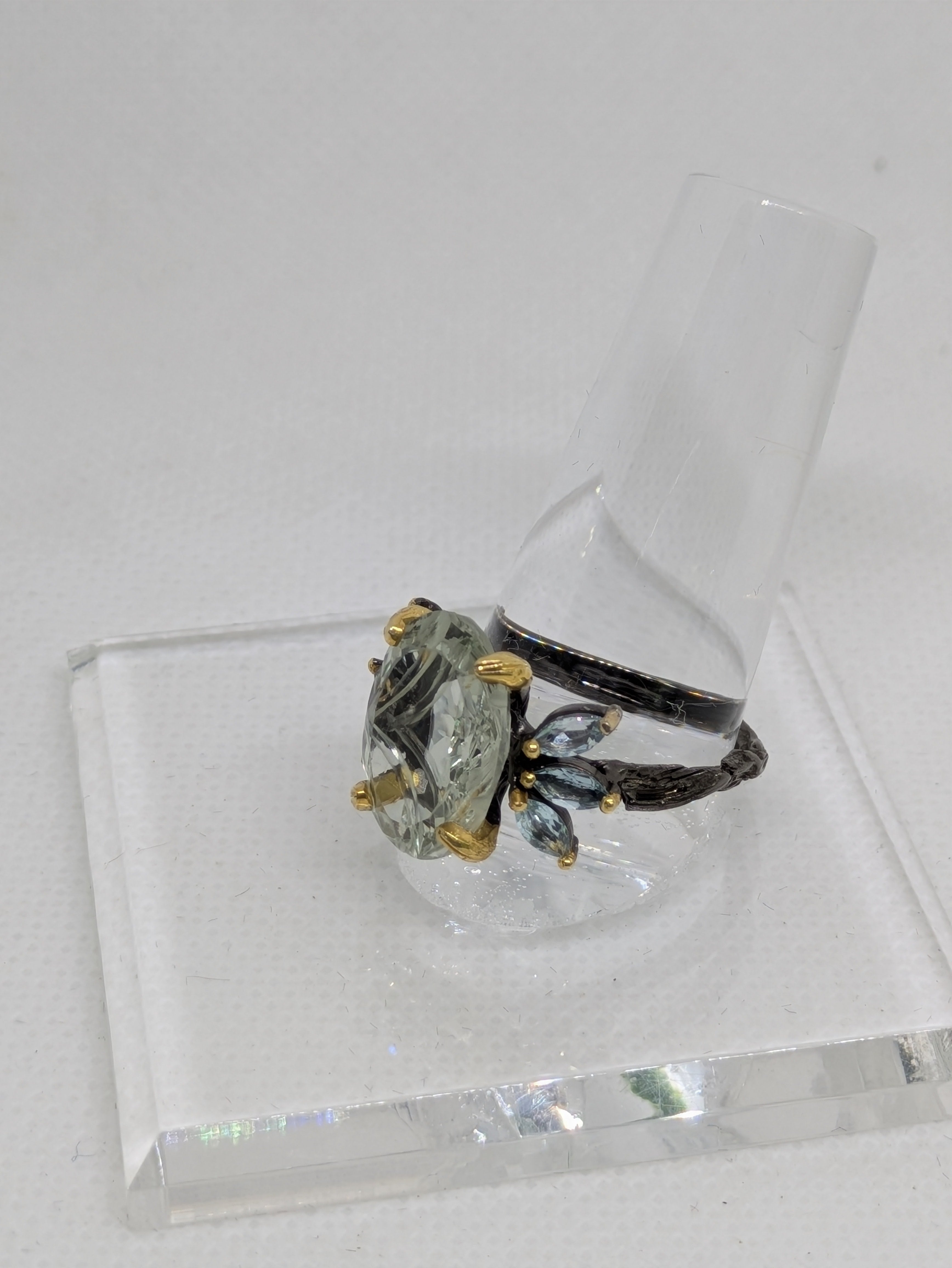 6 Carat Natural Green Amethyst (Prasiolite) Cocktail Ring with Blue Topaz Accents