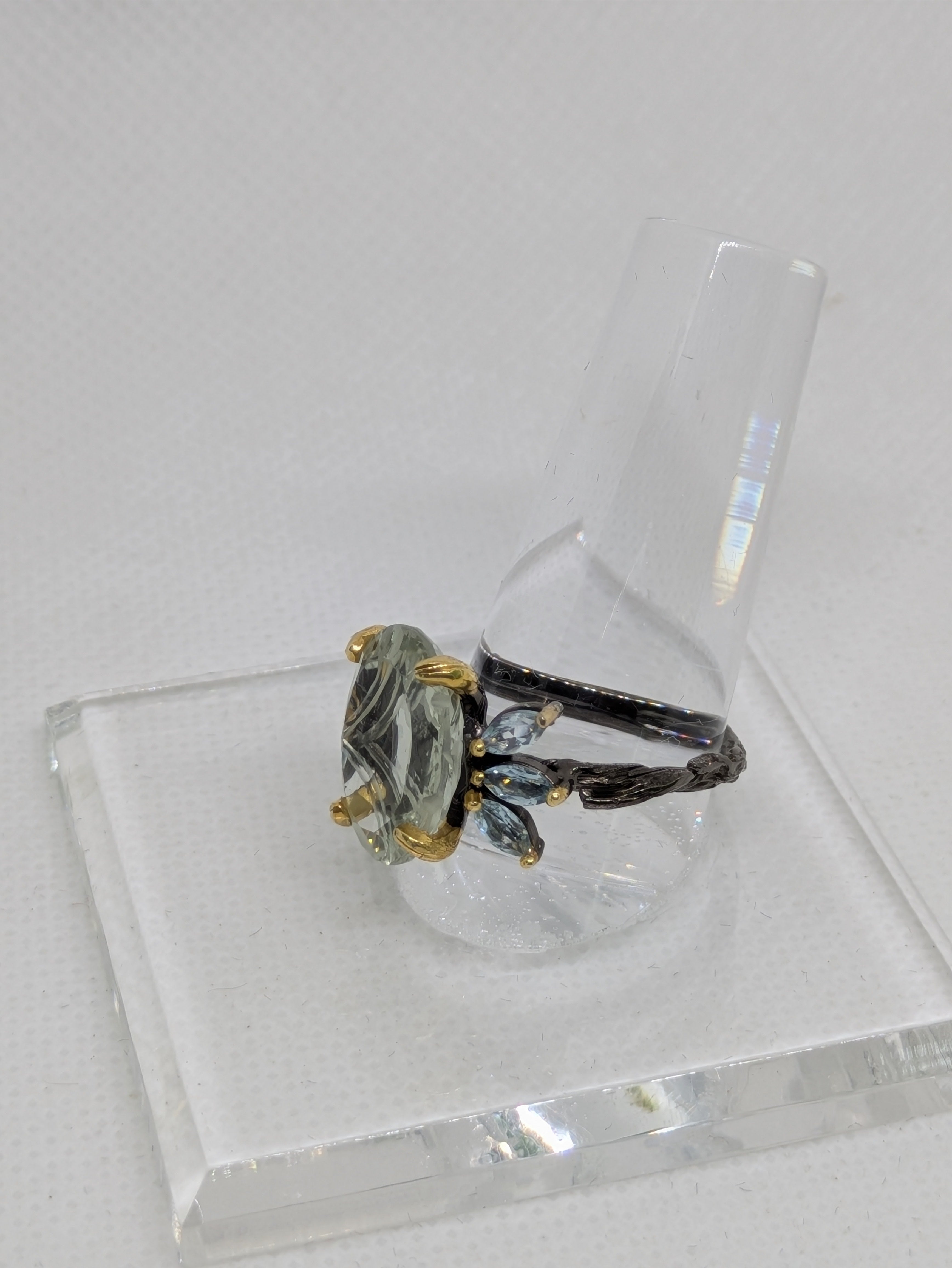 6 Carat Natural Green Amethyst (Prasiolite) Cocktail Ring with Blue Topaz Accents
