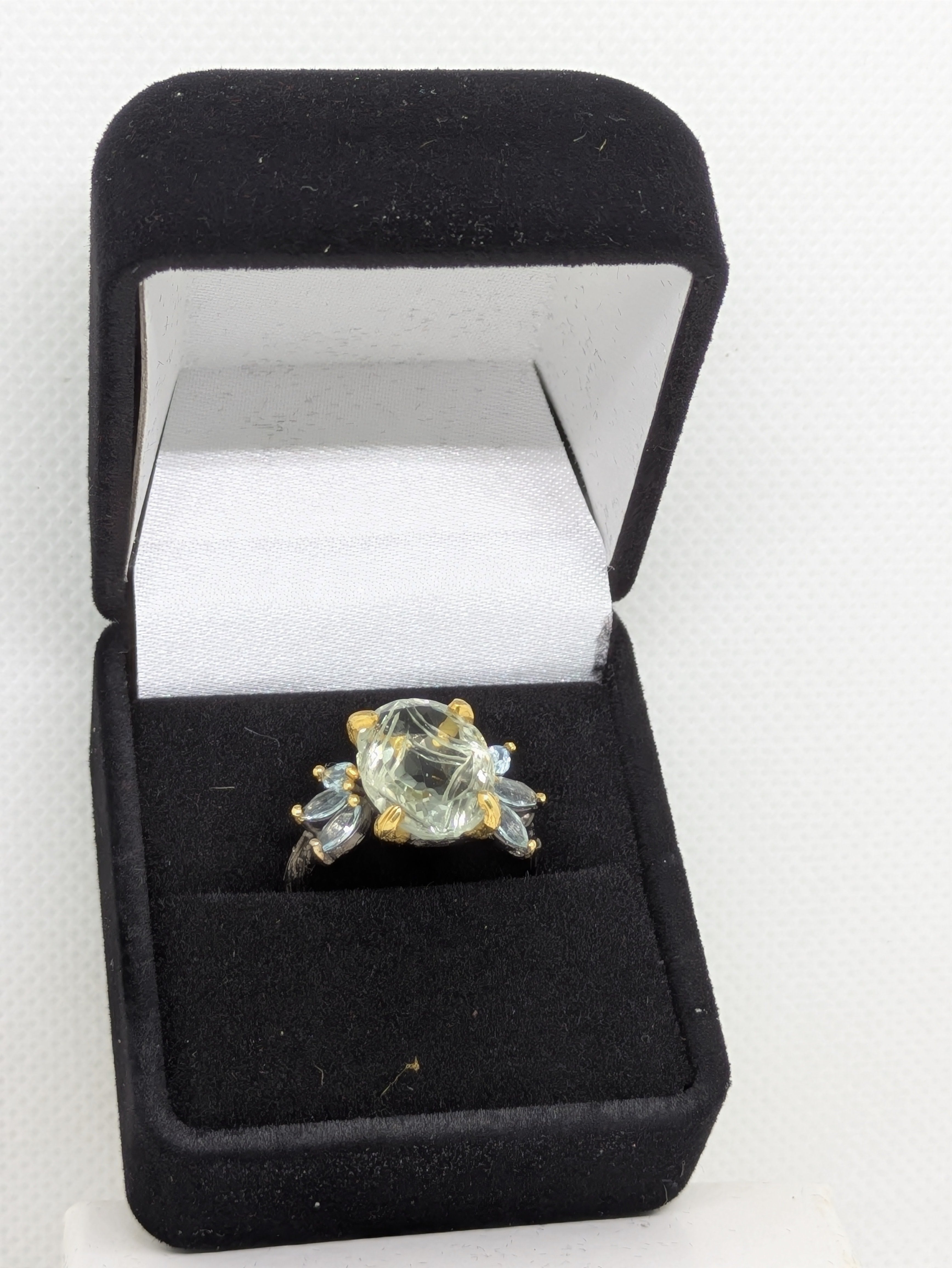 6 Carat Natural Green Amethyst (Prasiolite) Cocktail Ring with Blue Topaz Accents