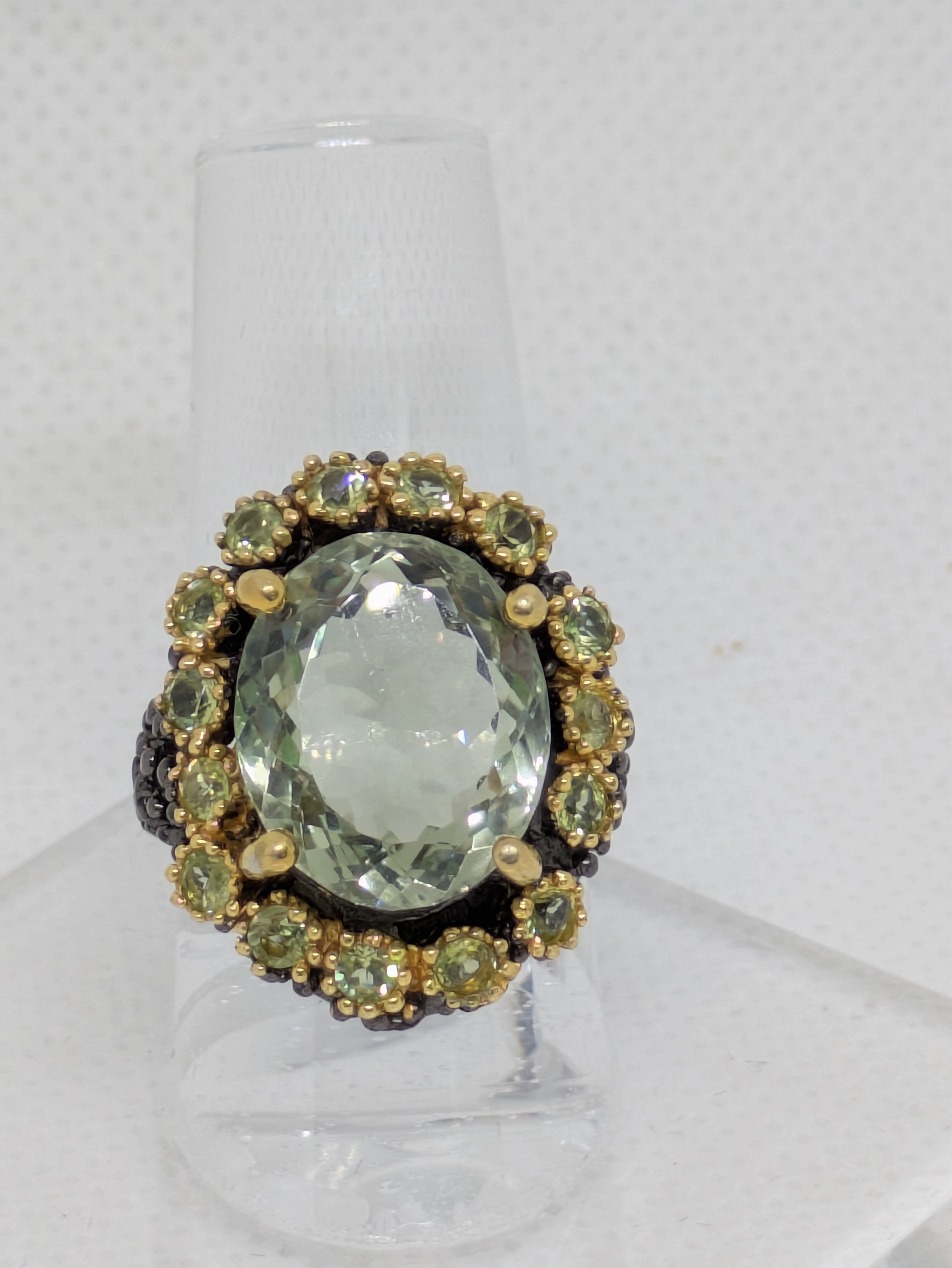 18 Carat Natural Green Amethyst Prasiolite Statement Ring | Peridot, Gold Halo & Black Rhodium