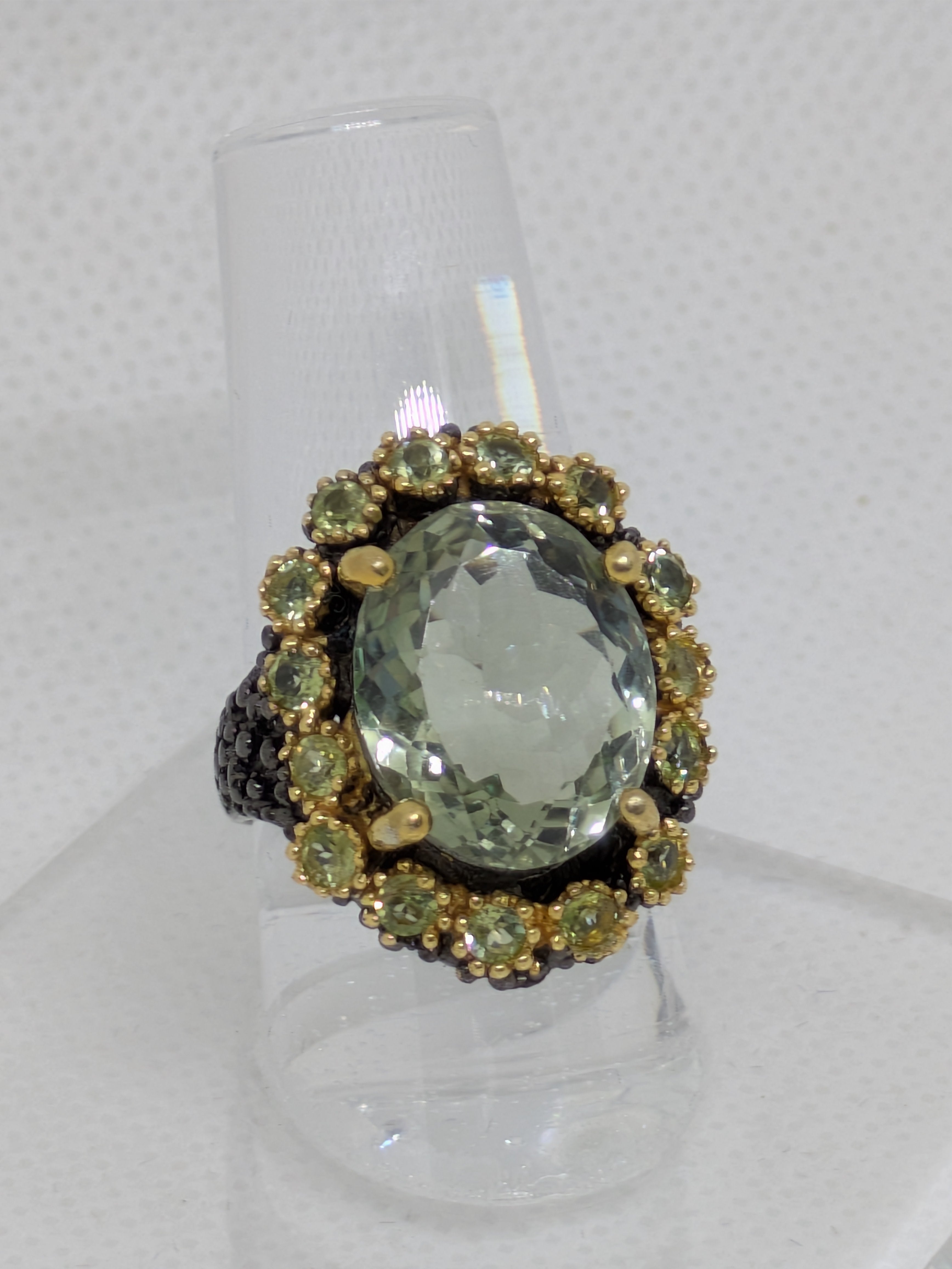 18 Carat Natural Green Amethyst Prasiolite Statement Ring | Peridot, Gold Halo & Black Rhodium