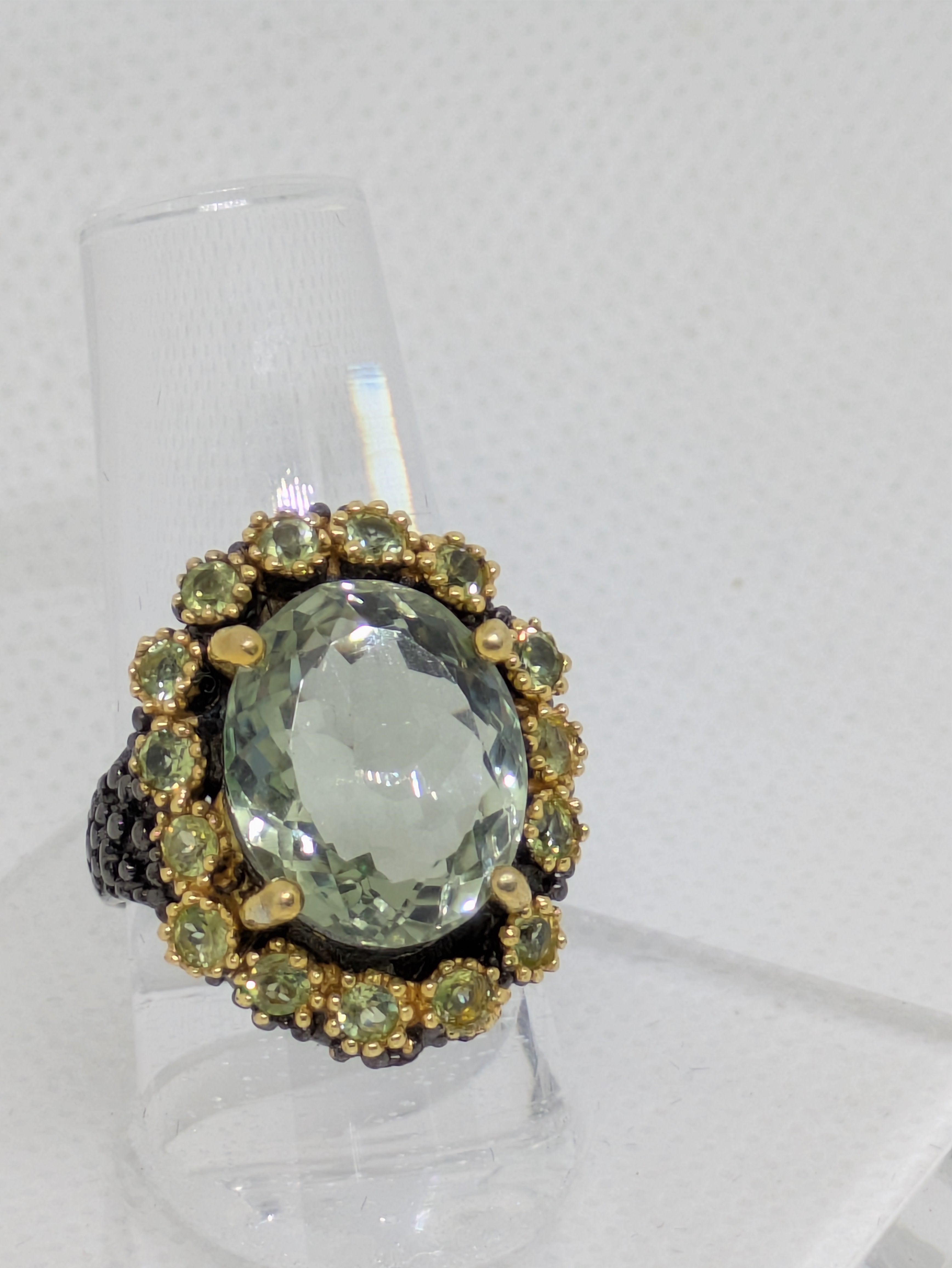 18 Carat Natural Green Amethyst Prasiolite Statement Ring | Peridot, Gold Halo & Black Rhodium