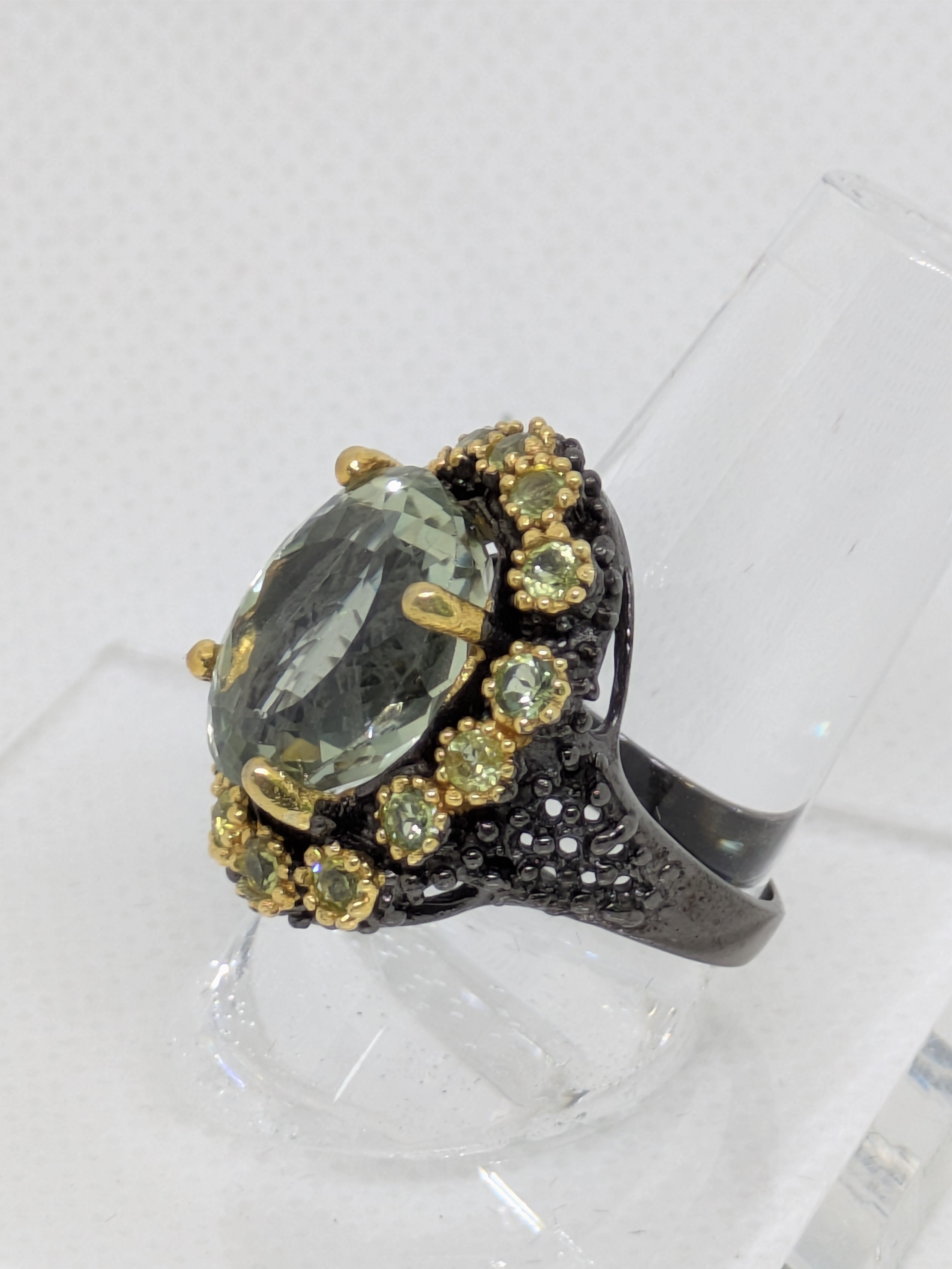 18 Carat Natural Green Amethyst Prasiolite Statement Ring | Peridot, Gold Halo & Black Rhodium