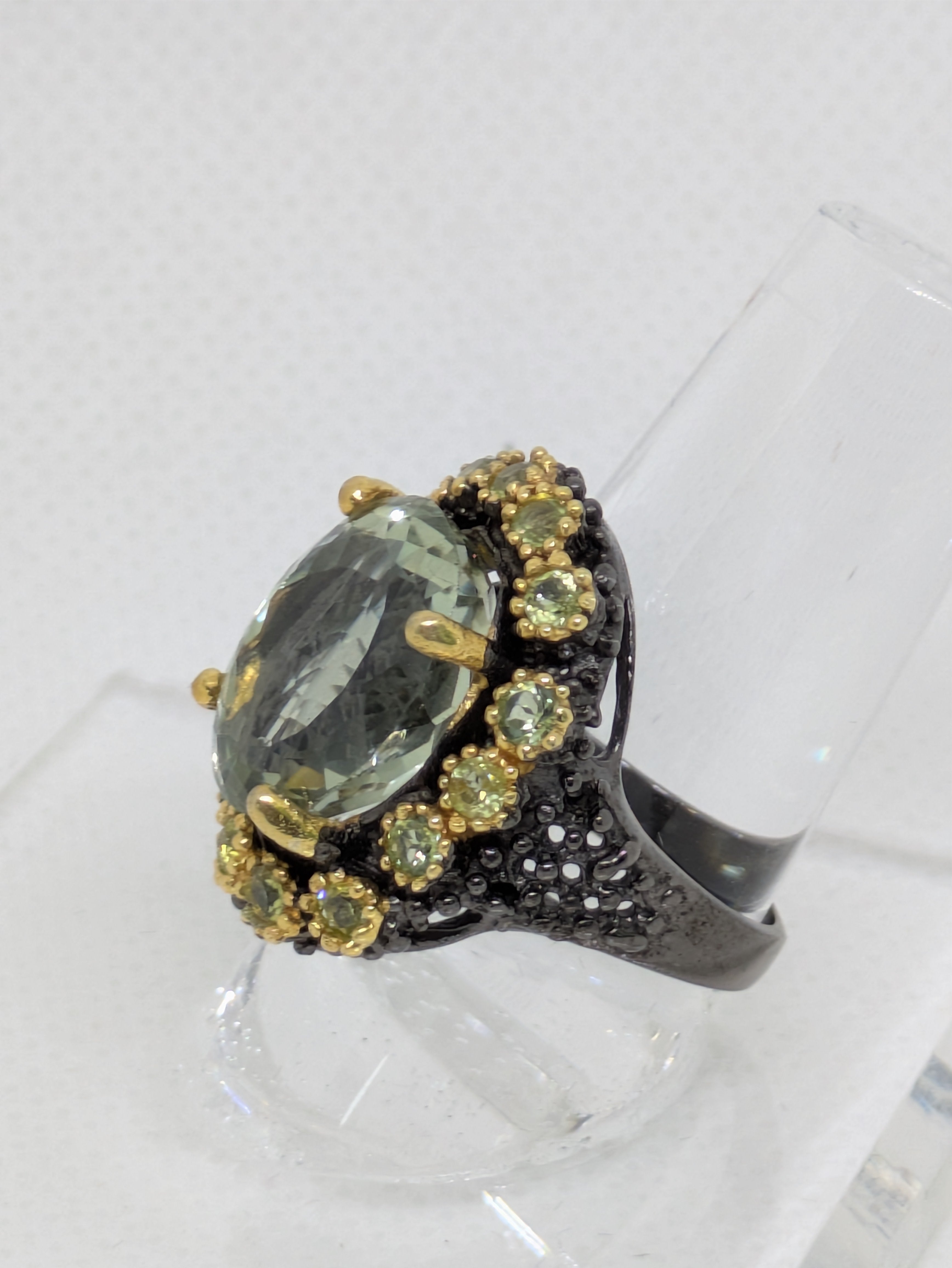 18 Carat Natural Green Amethyst Prasiolite Statement Ring | Peridot, Gold Halo & Black Rhodium