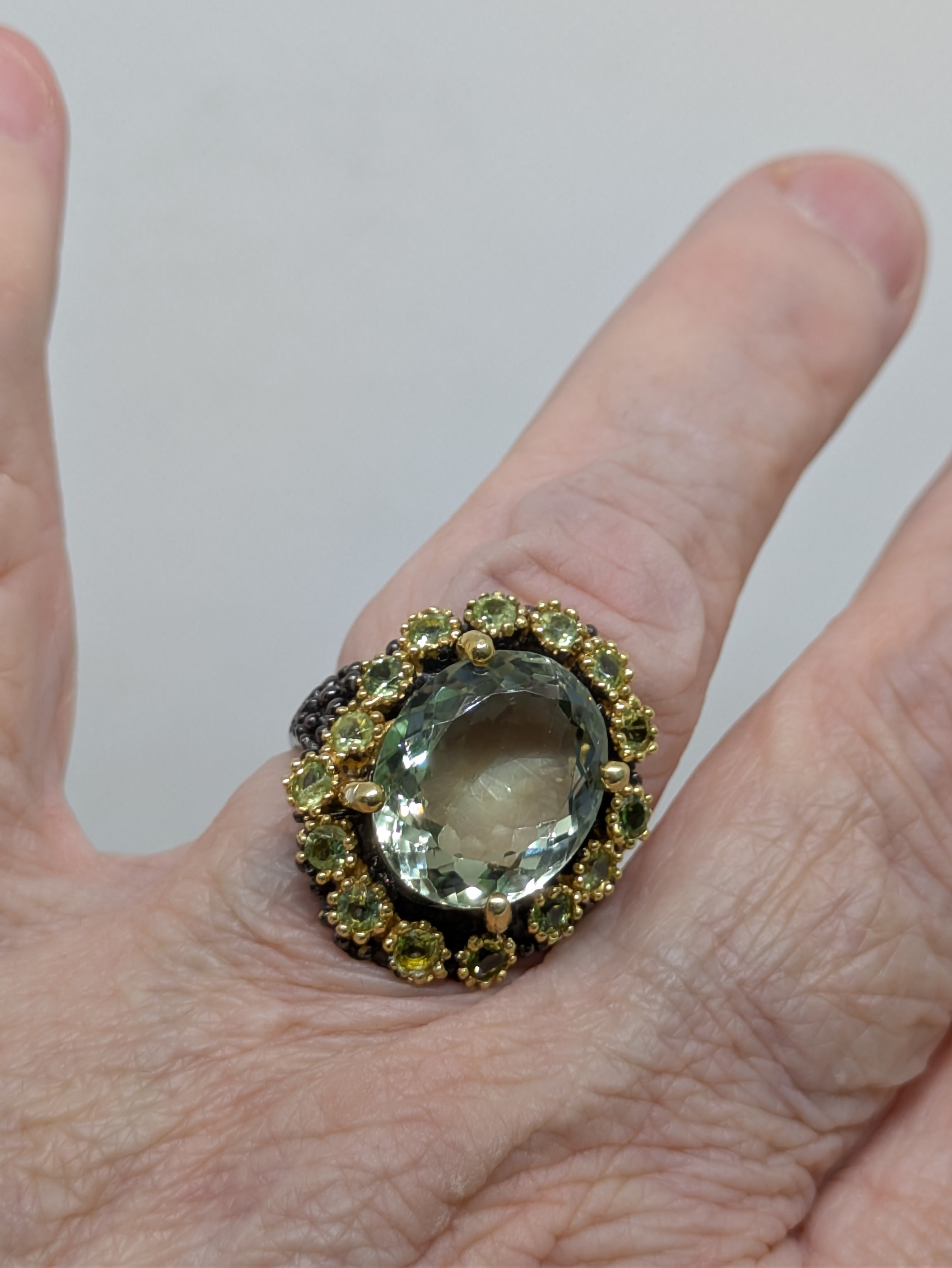 18 Carat Natural Green Amethyst Prasiolite Statement Ring | Peridot, Gold Halo & Black Rhodium