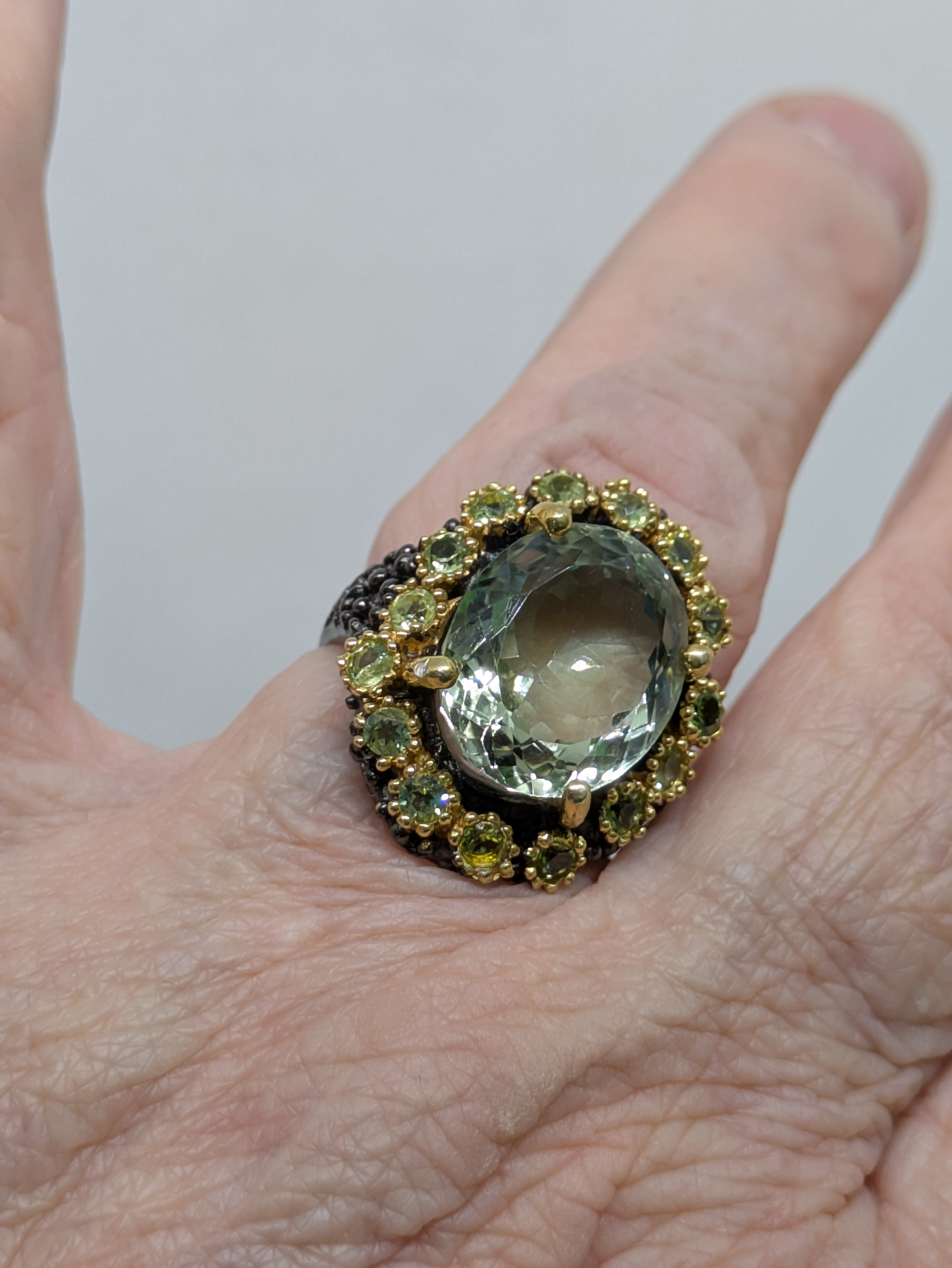 18 Carat Natural Green Amethyst Prasiolite Statement Ring | Peridot, Gold Halo & Black Rhodium