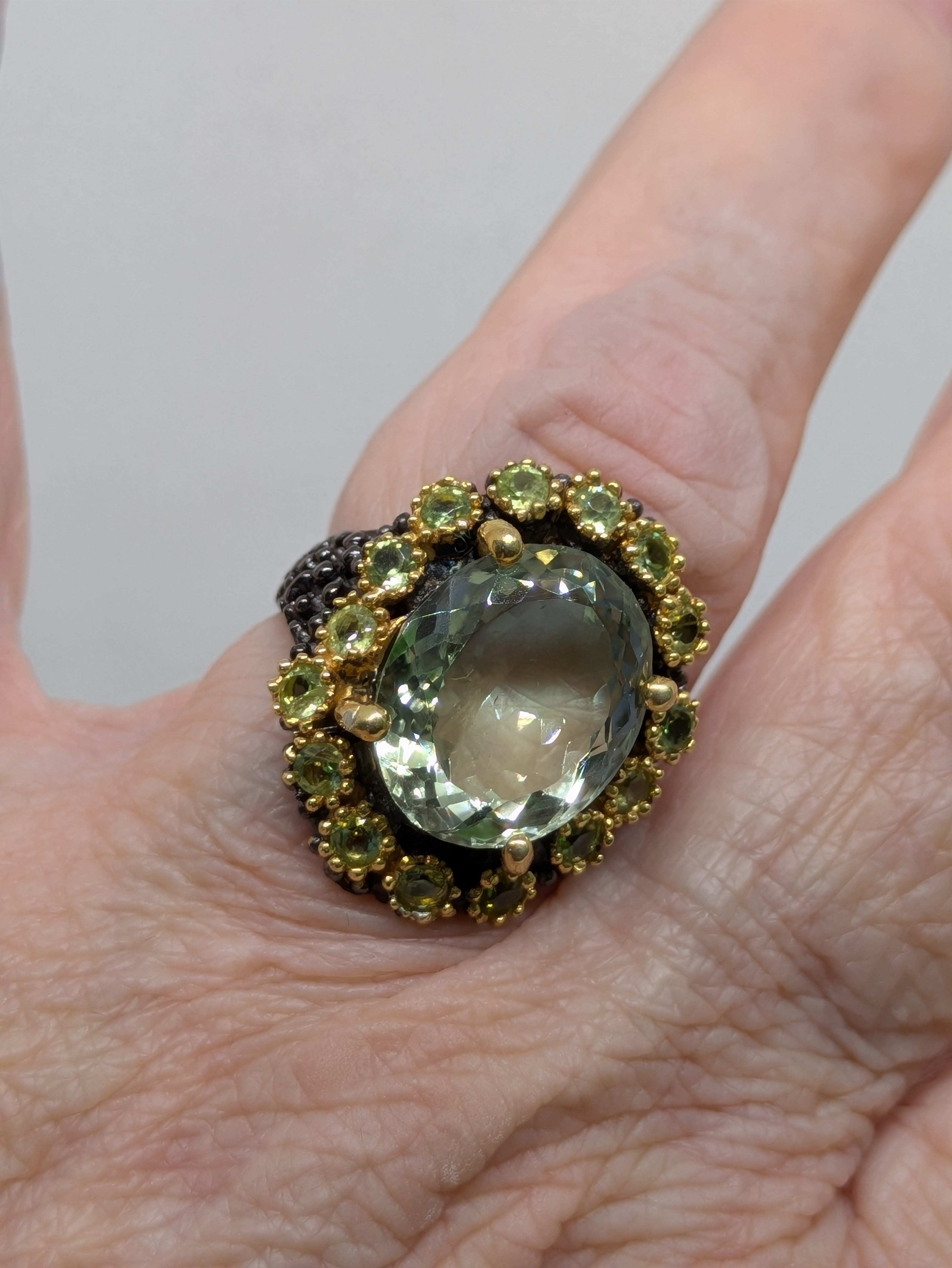 18 Carat Natural Green Amethyst Prasiolite Statement Ring | Peridot, Gold Halo & Black Rhodium