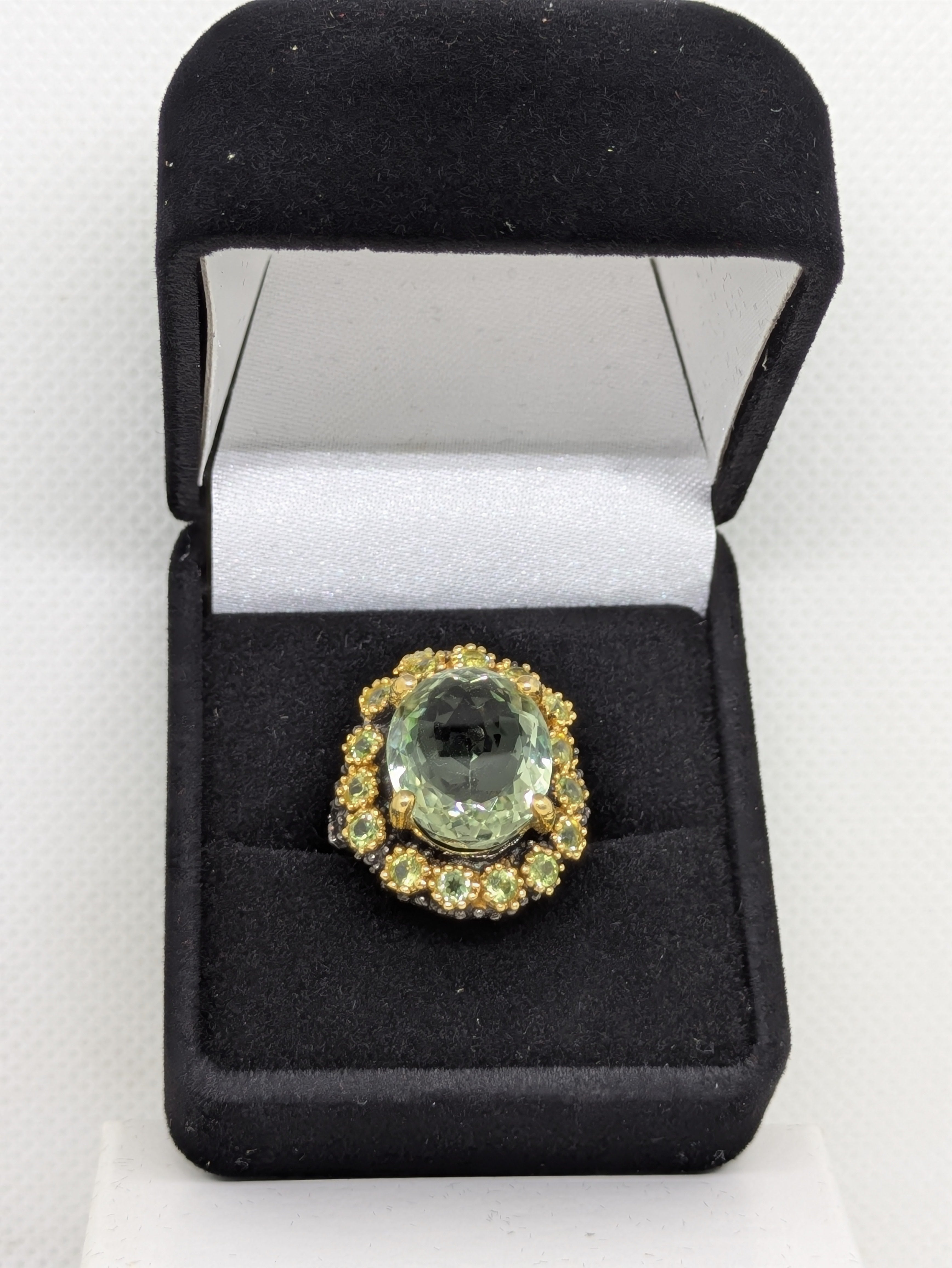 18 Carat Natural Green Amethyst Prasiolite Statement Ring | Peridot, Gold Halo & Black Rhodium