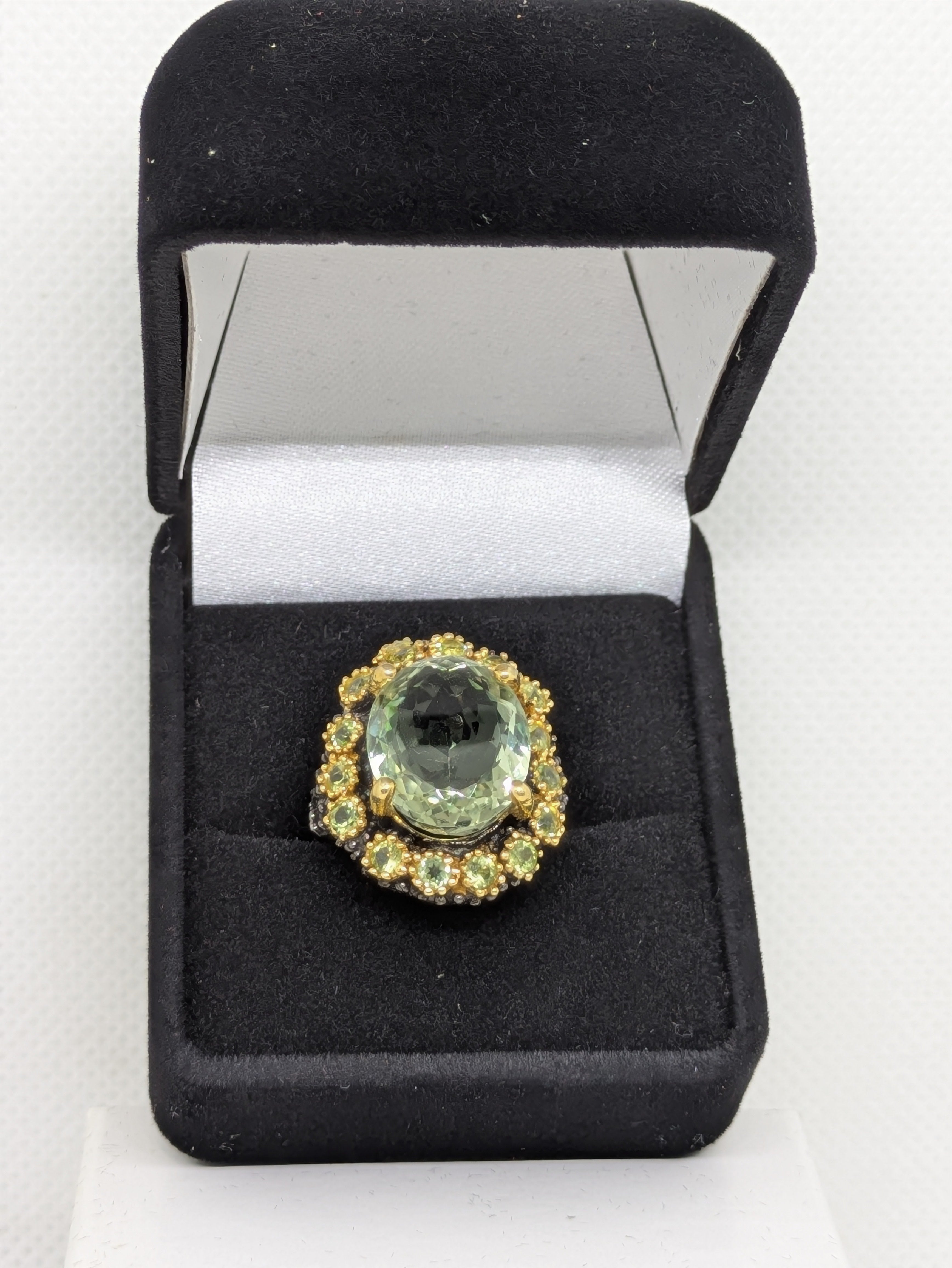 18 Carat Natural Green Amethyst Prasiolite Statement Ring | Peridot, Gold Halo & Black Rhodium