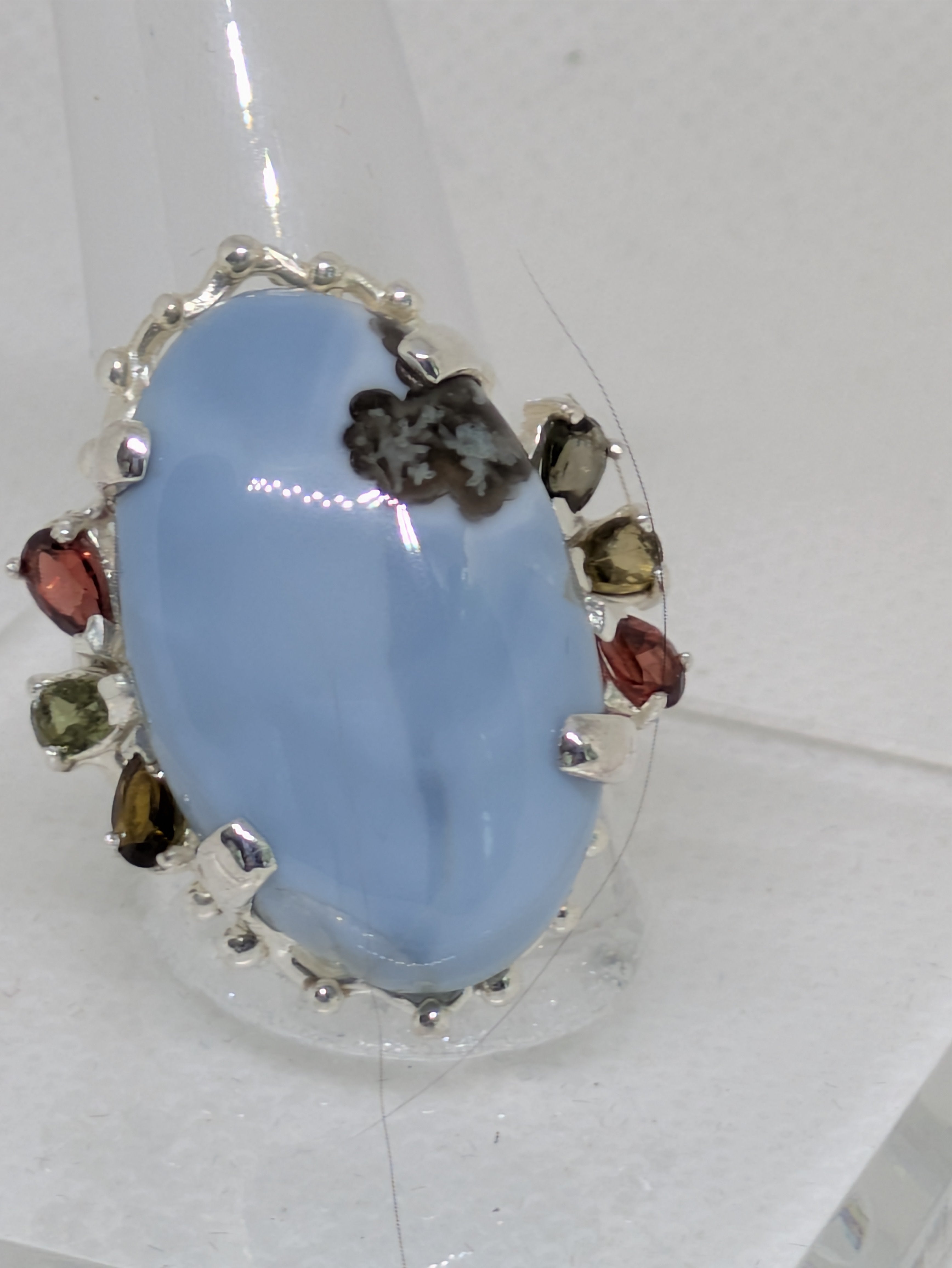 Natural Blue Opal 18.30ct Gemstone Ring with Tourmaline, Garnet, Amethyst & Smoky Topaz Accents | Sterling Silver | Gift‑Ready