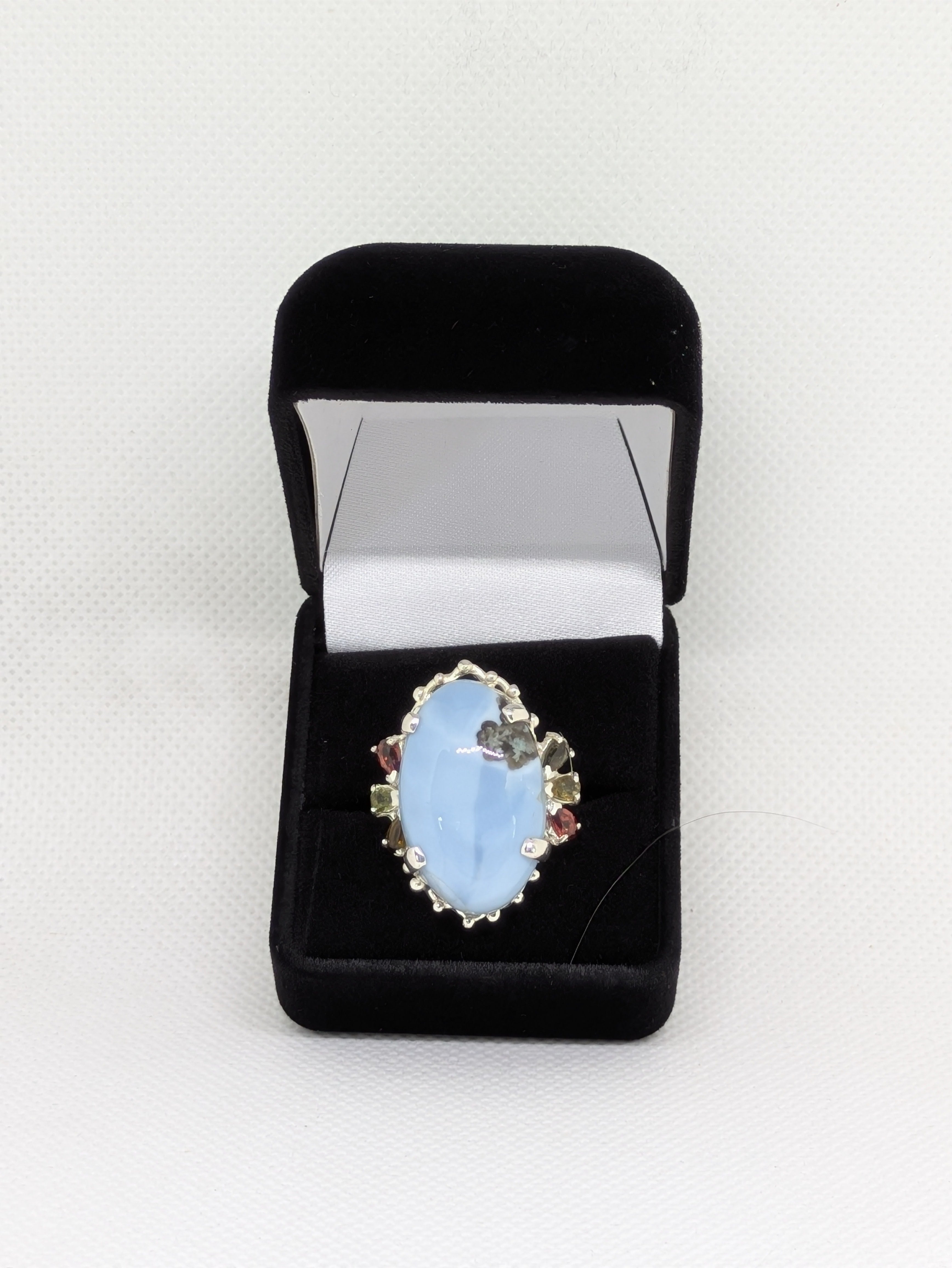 Natural Blue Opal 18.30ct Gemstone Ring with Tourmaline, Garnet, Amethyst & Smoky Topaz Accents | Sterling Silver | Gift‑Ready