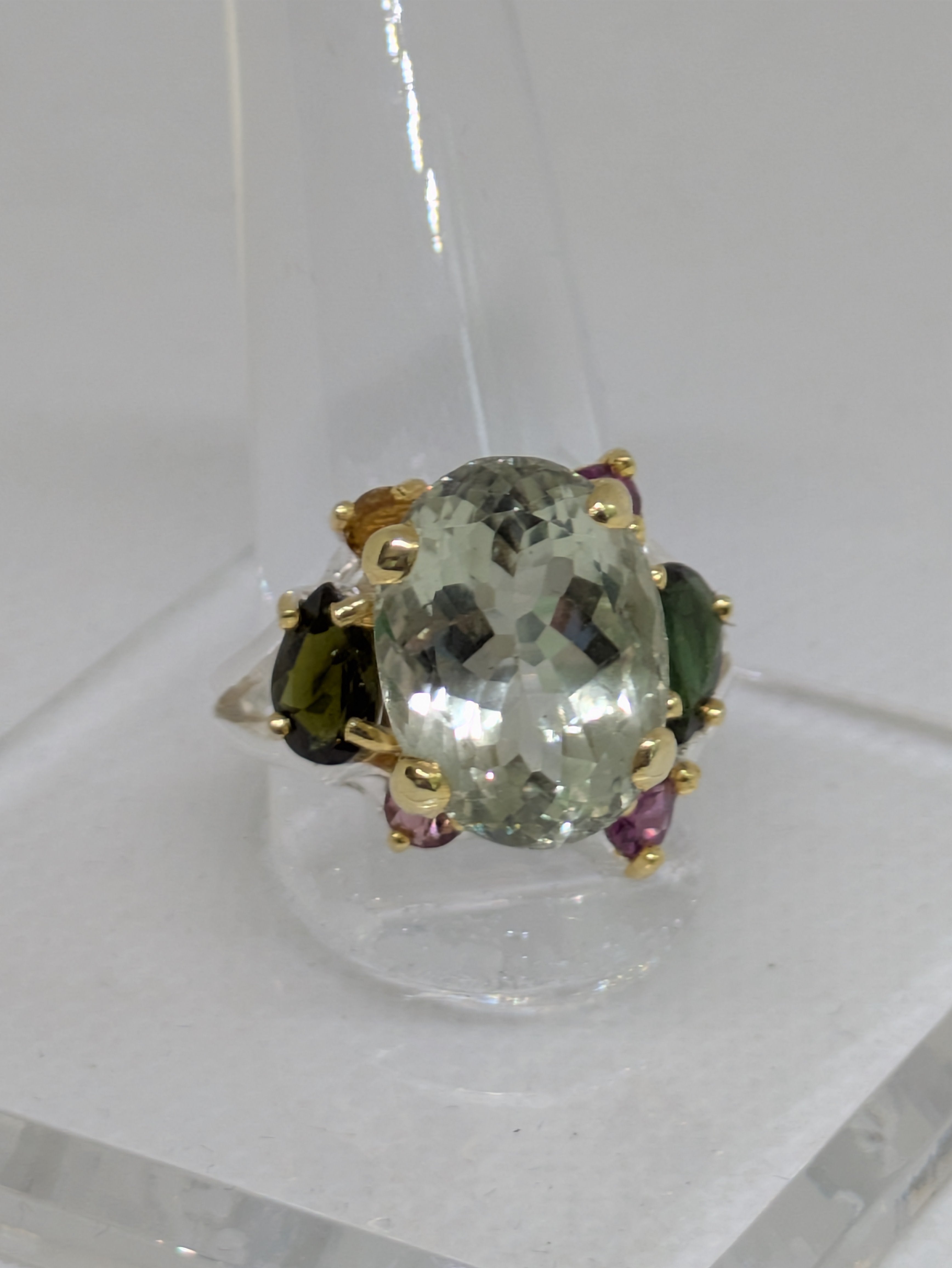 8.14ct Prasiolite Ring with Tourmaline, Amethyst, Garnet & Citrine Halo