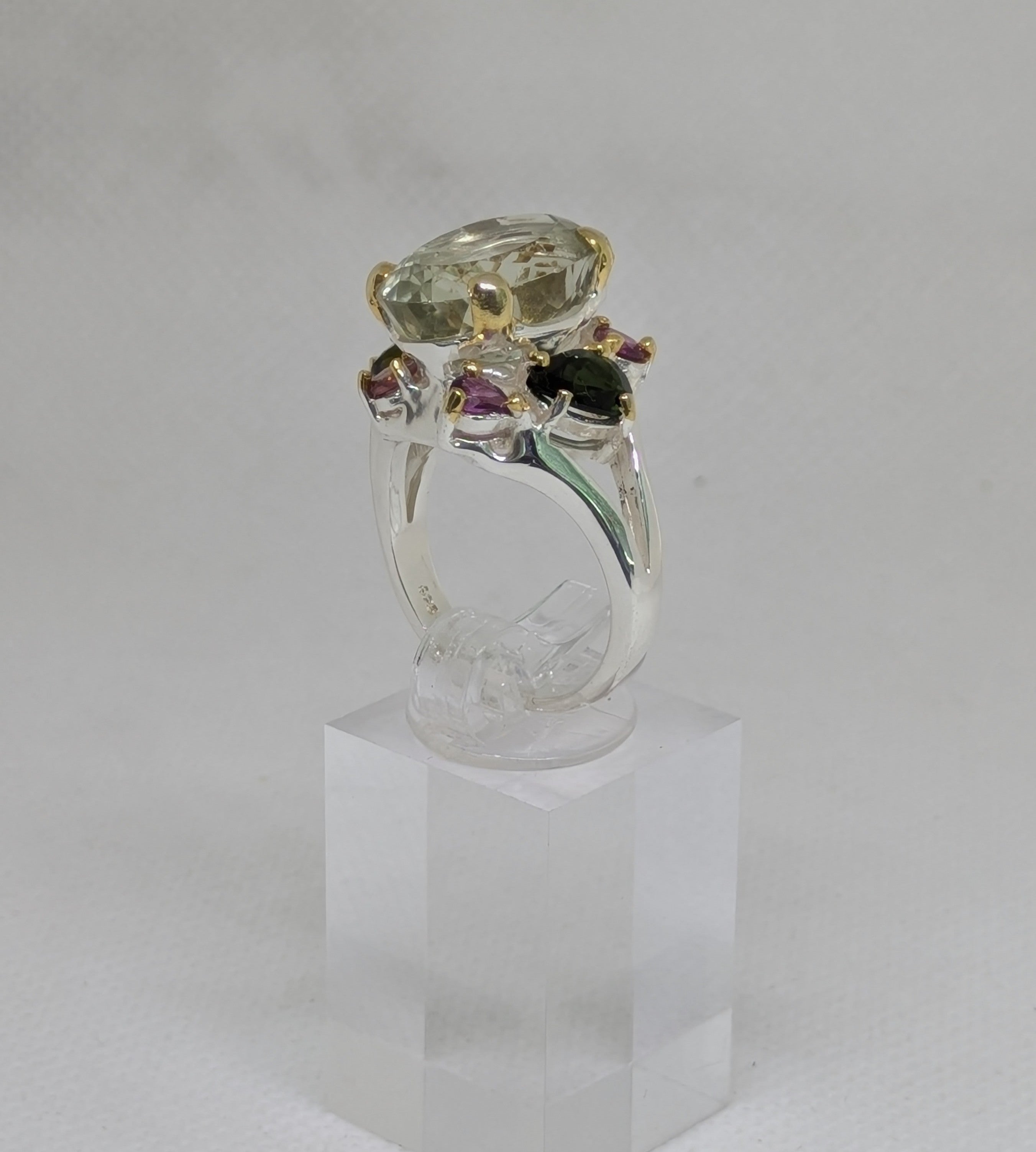 8.14ct Prasiolite Ring with Tourmaline, Amethyst, Garnet & Citrine Halo