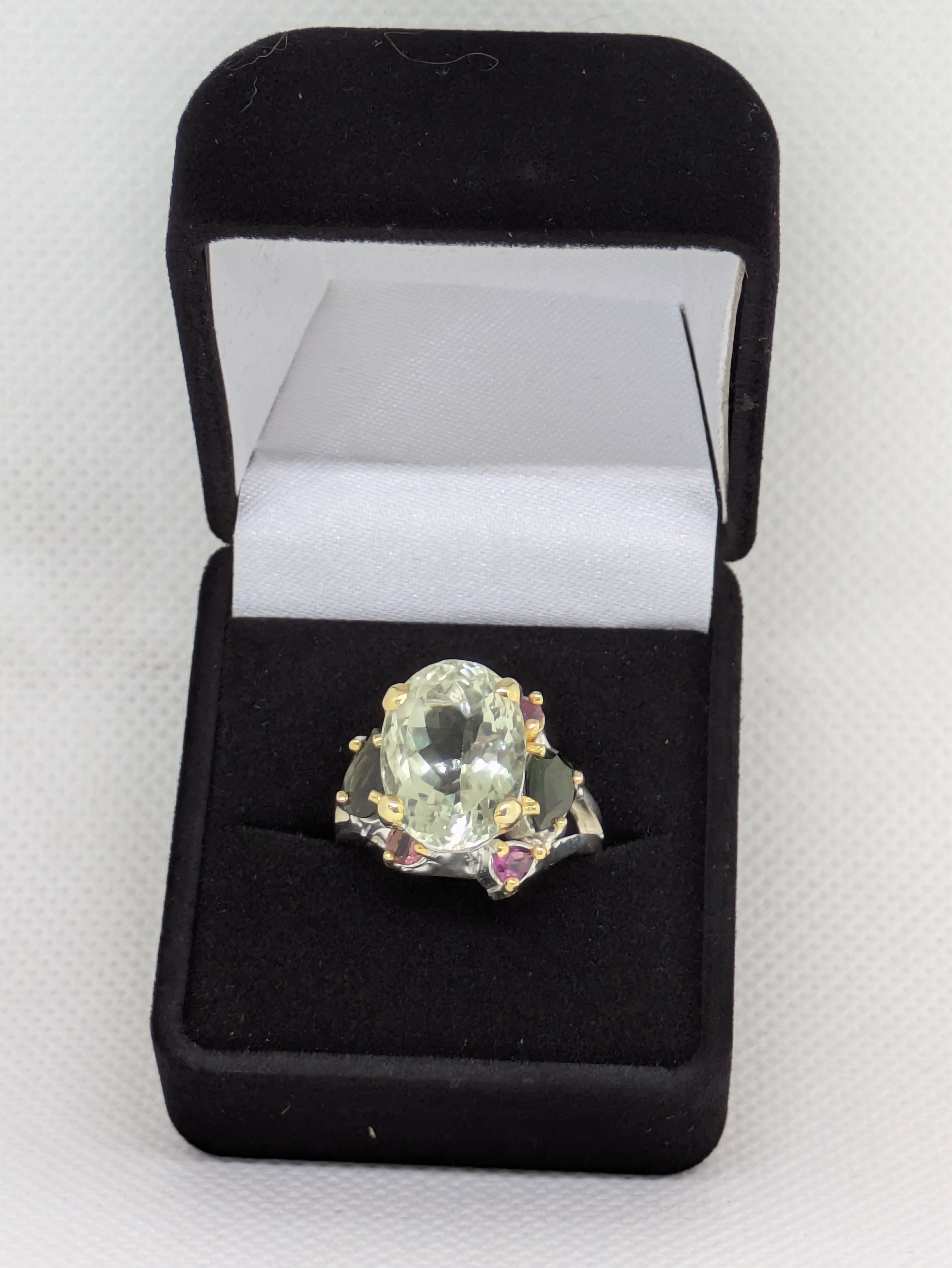 8.14ct Prasiolite Ring with Tourmaline, Amethyst, Garnet & Citrine Halo