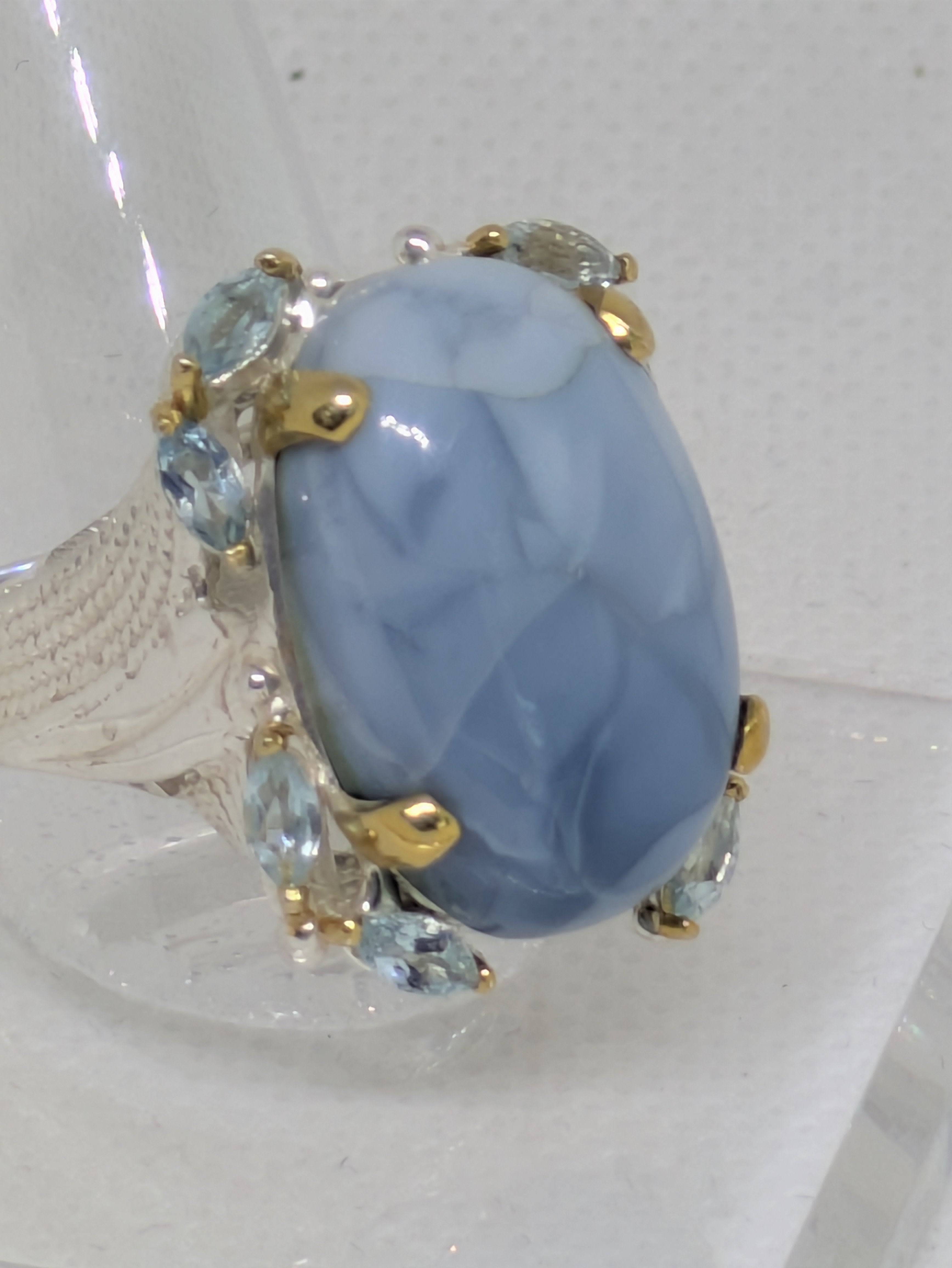 Natural Blue Opal & Topaz Ring • 14ct Cabochon • Sterling Silver with Gold Corners