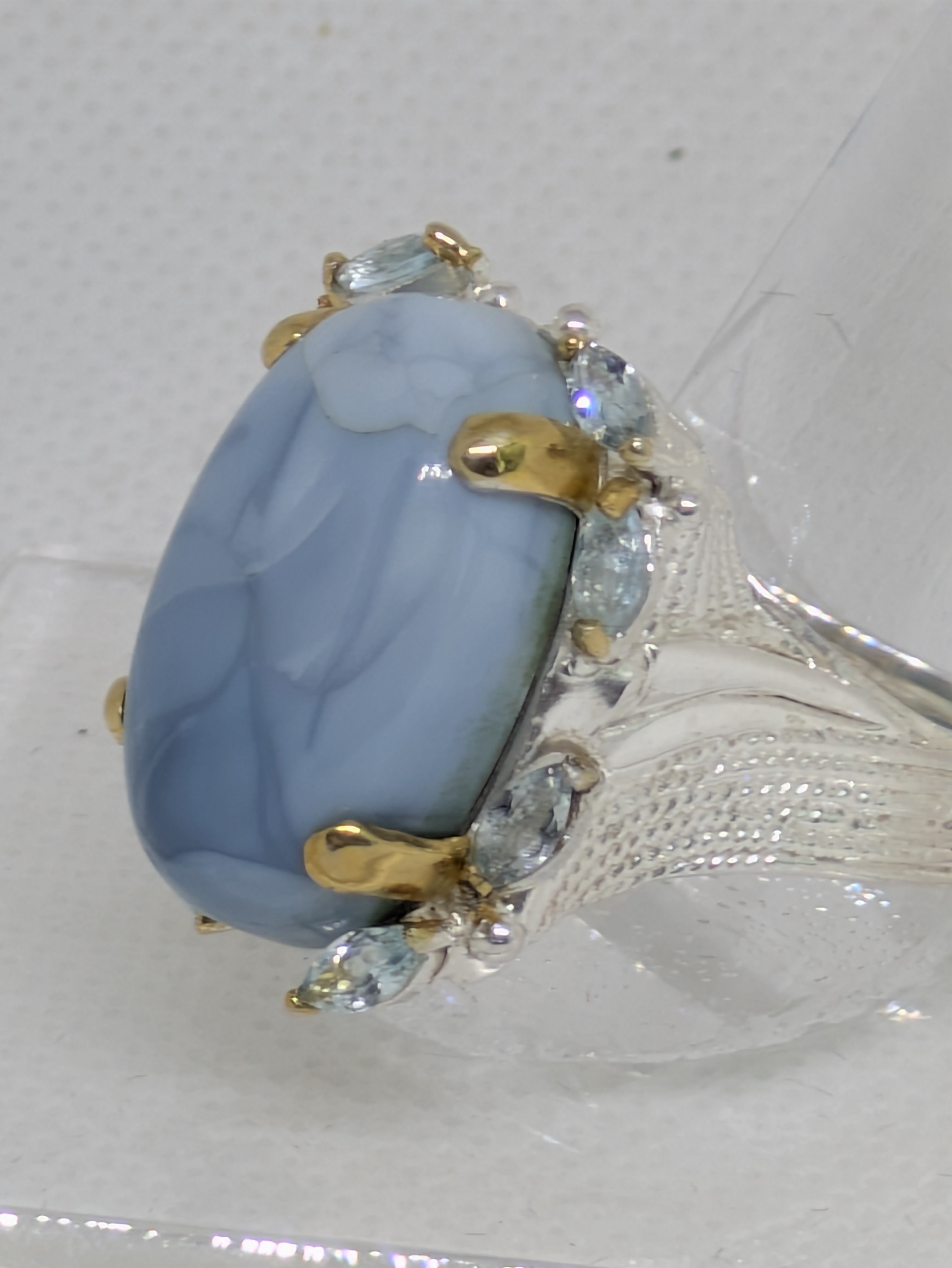 Natural Blue Opal & Topaz Ring • 14ct Cabochon • Sterling Silver with Gold Corners