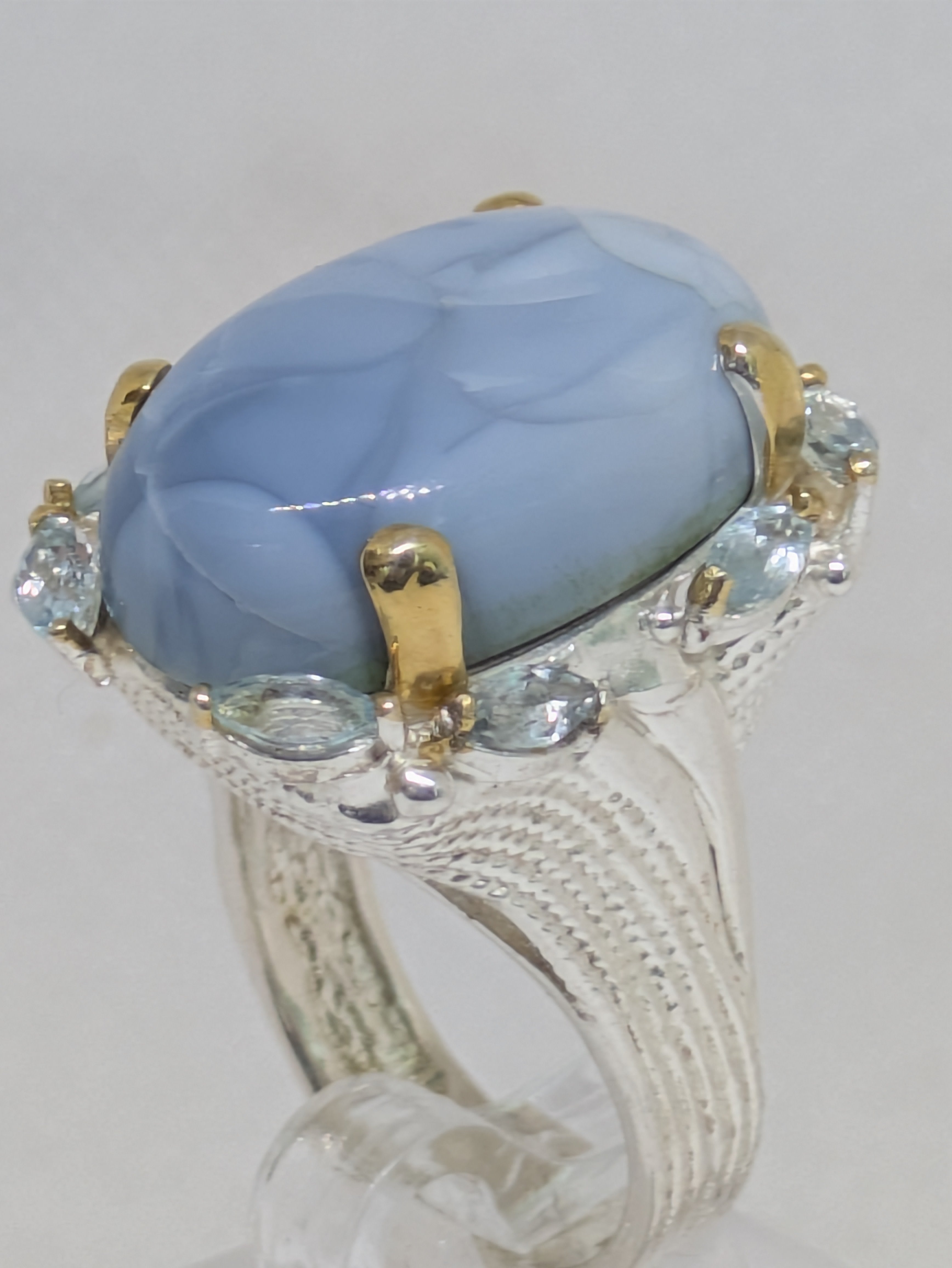 Natural Blue Opal & Topaz Ring • 14ct Cabochon • Sterling Silver with Gold Corners