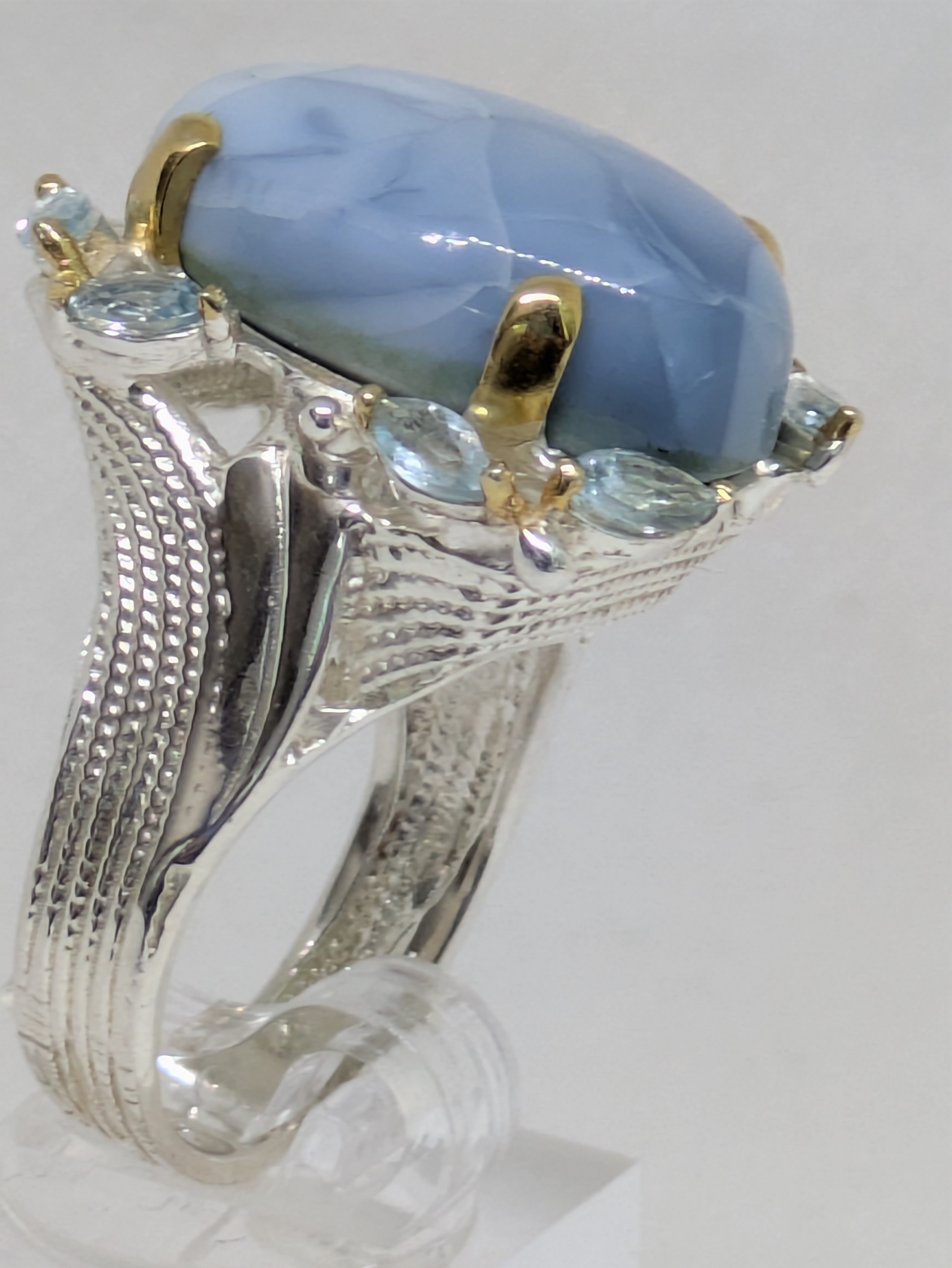 Natural Blue Opal & Topaz Ring • 14ct Cabochon • Sterling Silver with Gold Corners