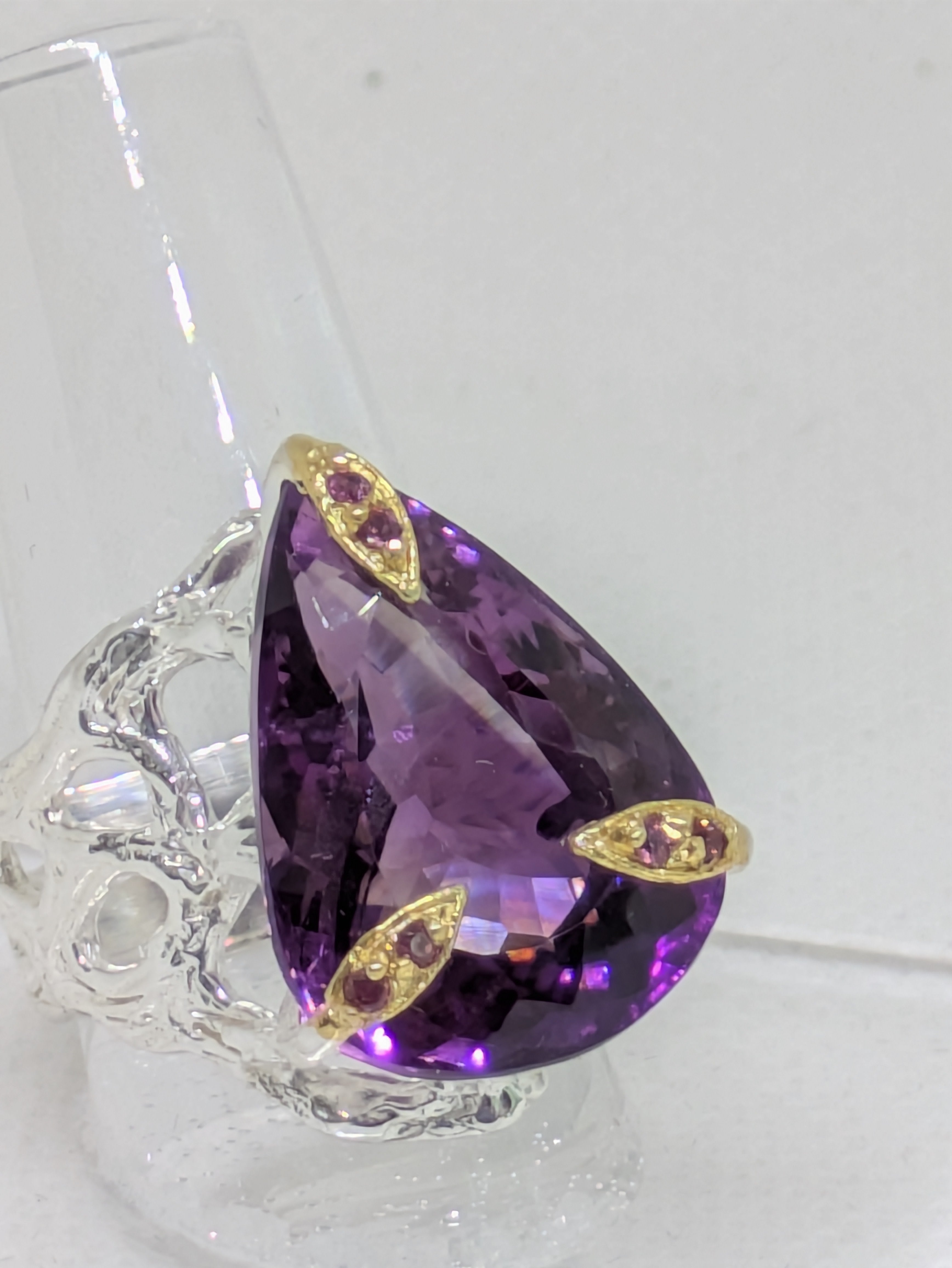 AAA Natural Ametrine Ring • 25ct Pear Cut • Sterling Silver & Gold Accents
