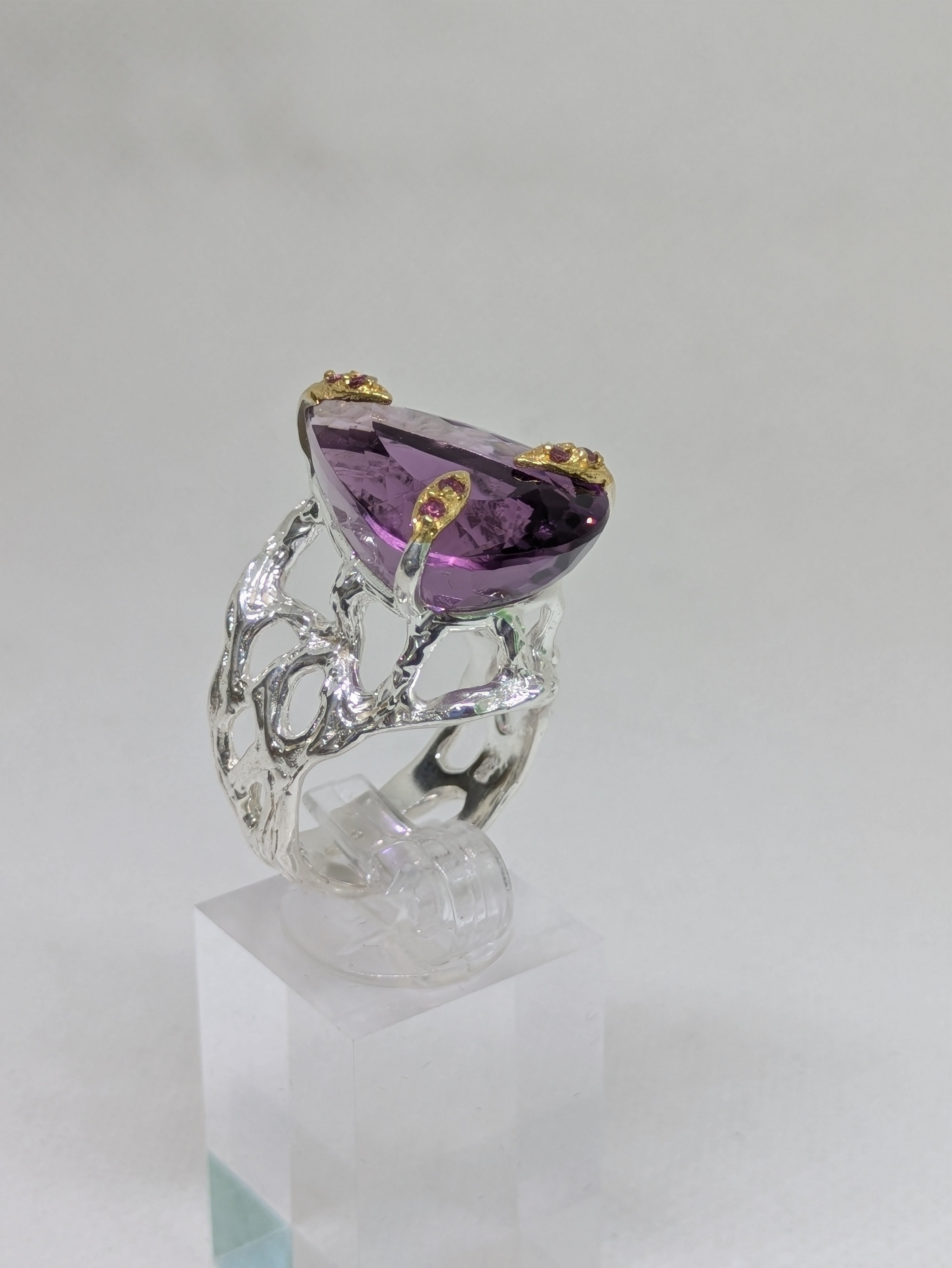 AAA Natural Ametrine Ring • 25ct Pear Cut • Sterling Silver & Gold Accents