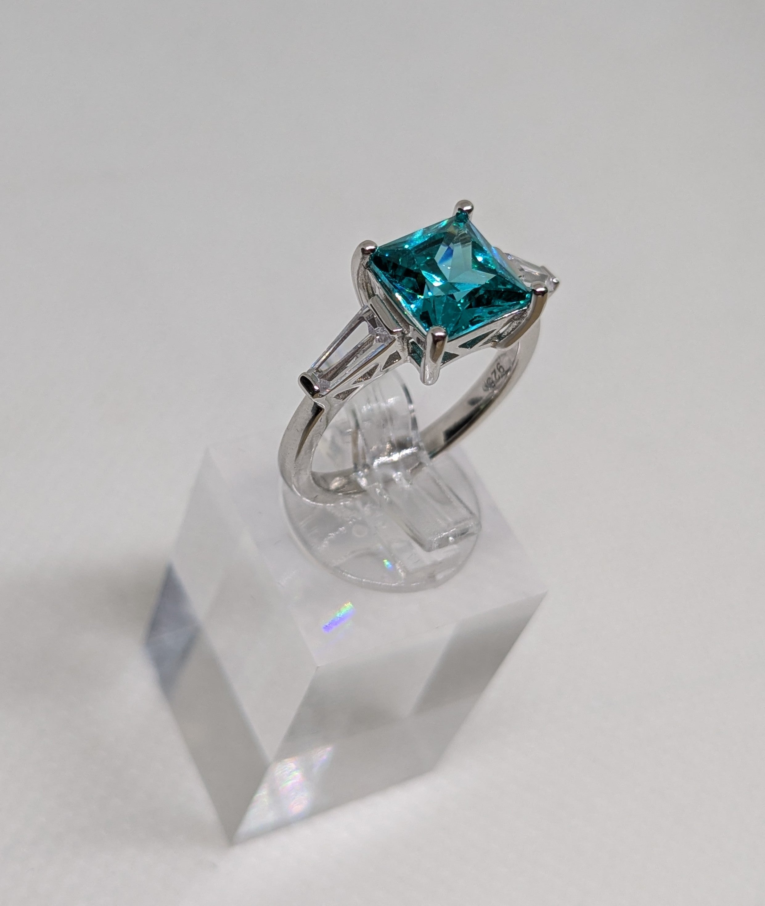 2ct Paraíba‑Color Hydrothermal Quartz Ring • Sterling Silver • Emerald Cut
