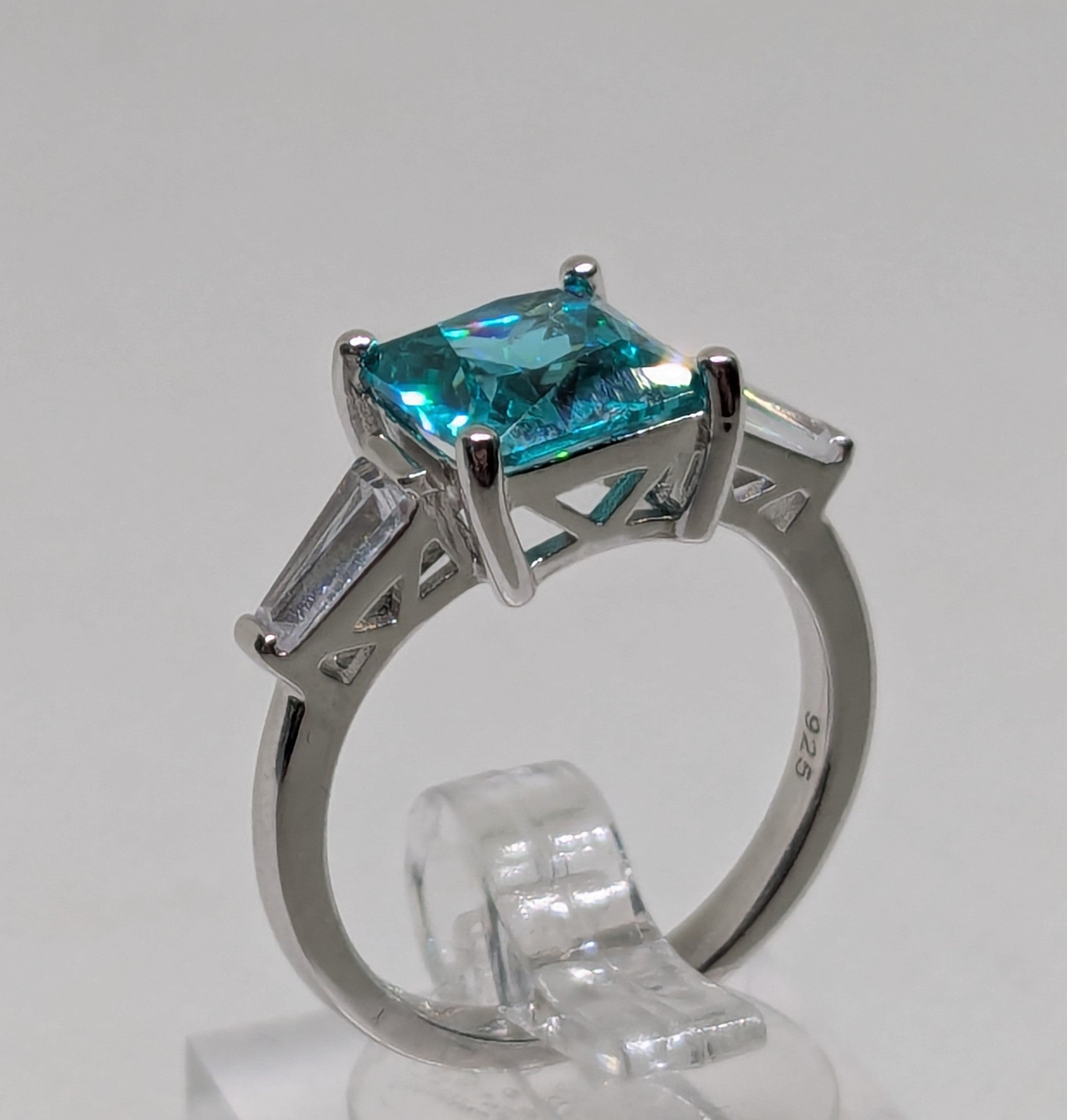 2ct Paraíba‑Color Hydrothermal Quartz Ring • Sterling Silver • Emerald Cut