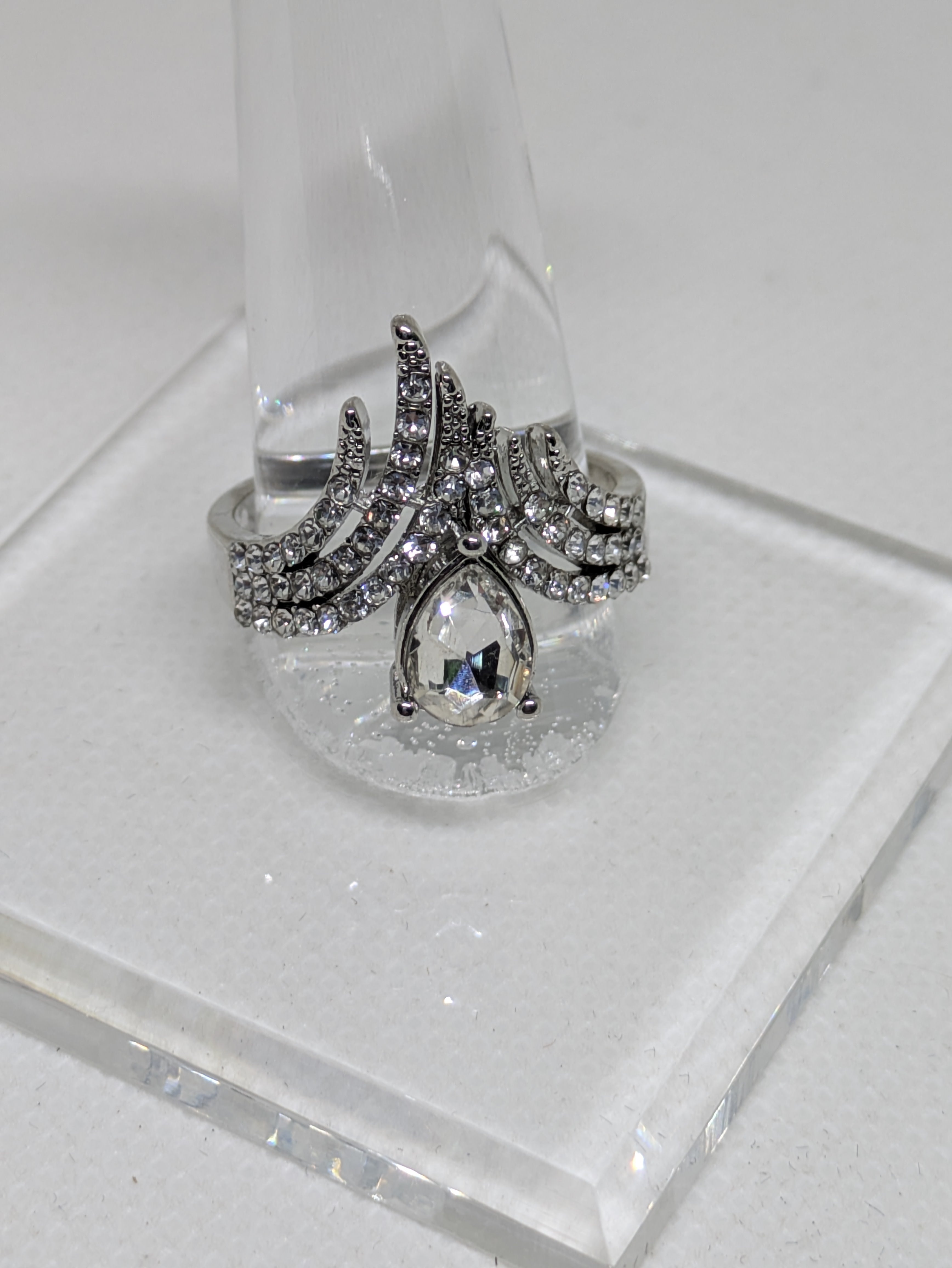 Royal Cocktail Ring — Pear Cut Cubic Zirconia, Multi-Halo Crown Design, Silver-Plated
