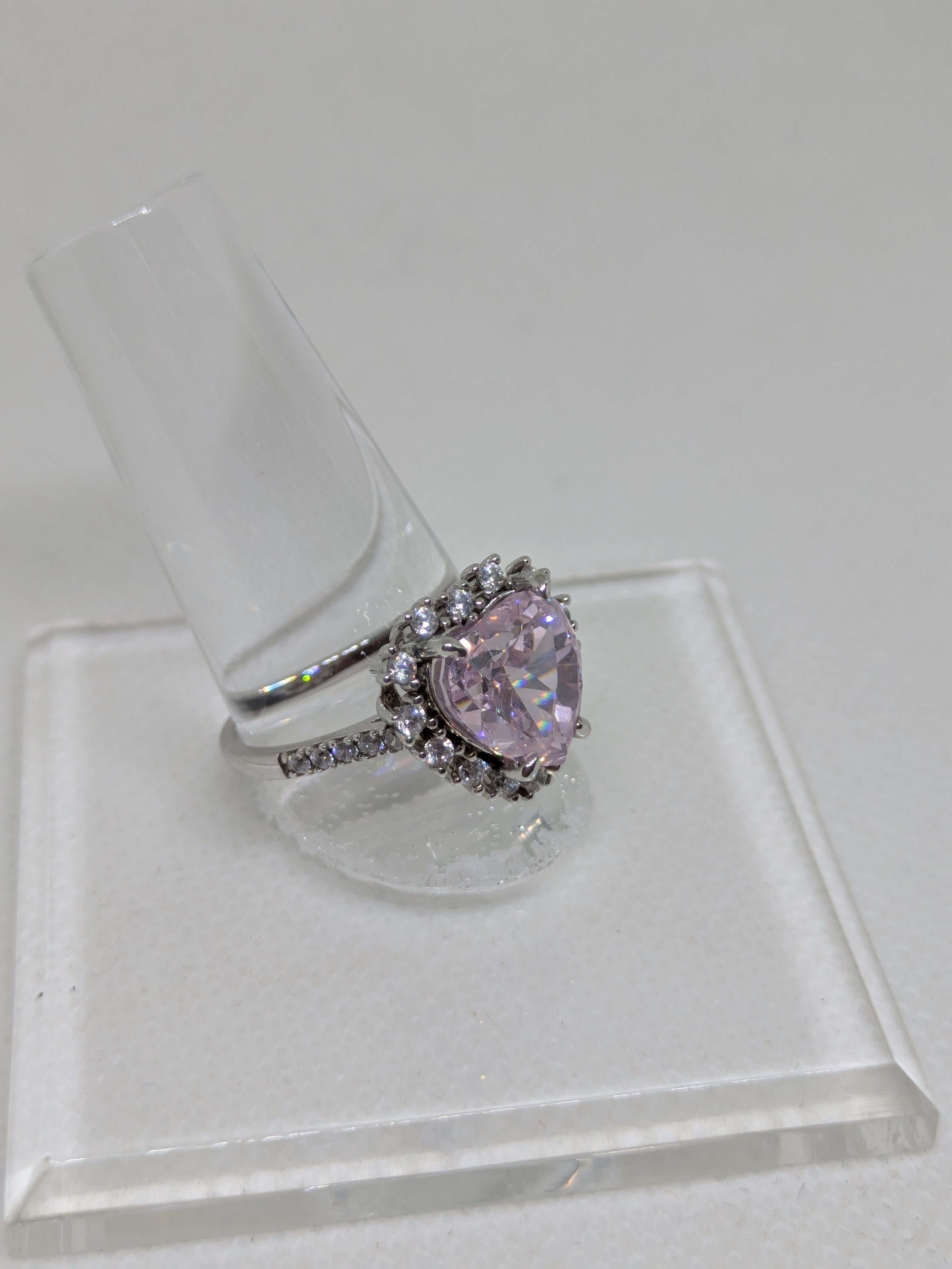 Heart Cut Pink Lab-Created Gemstone Cocktail Ring | Round Brilliant Halo | .925 Sterling Silver