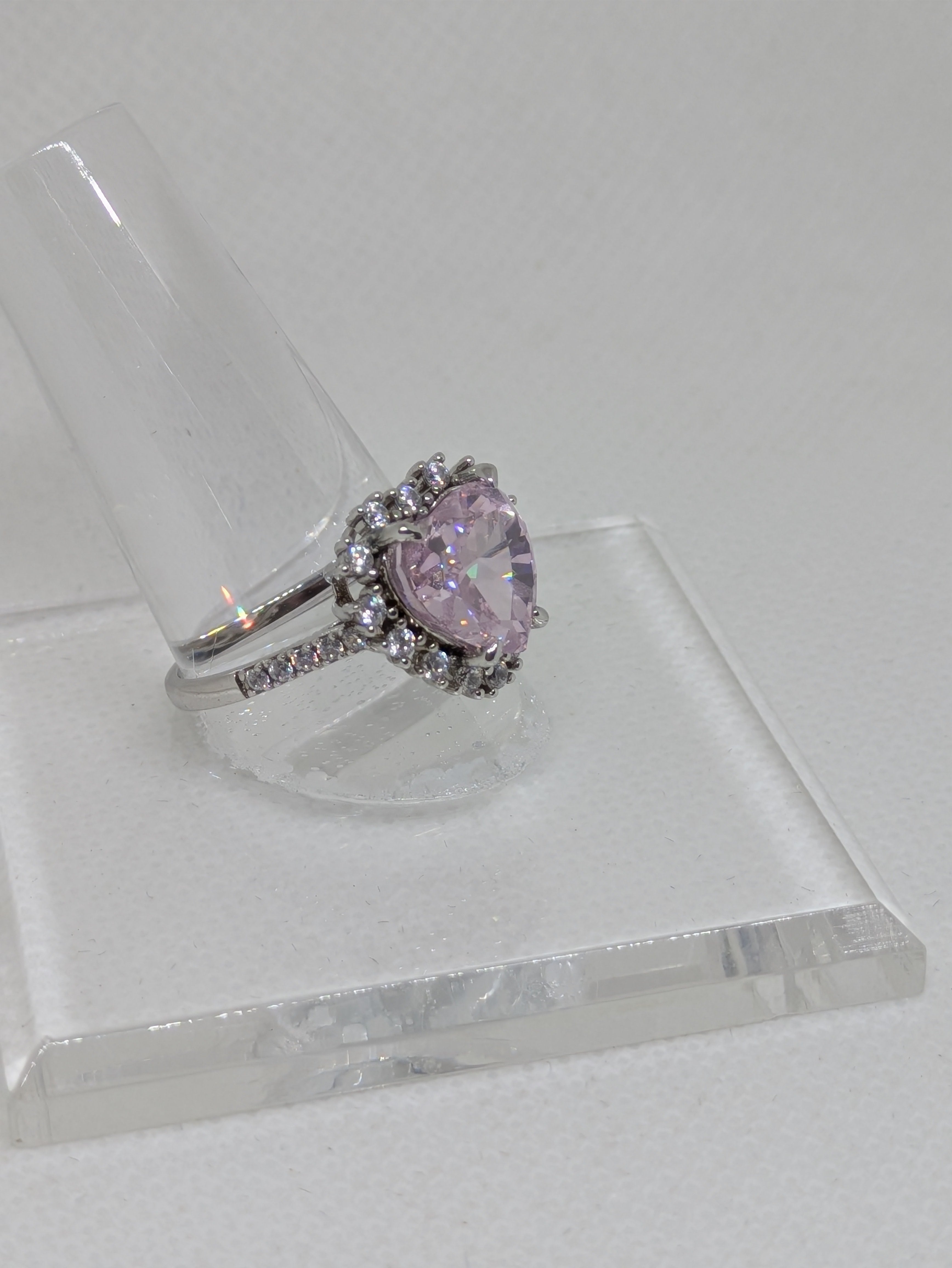 Heart Cut Pink Lab-Created Gemstone Cocktail Ring | Round Brilliant Halo | .925 Sterling Silver