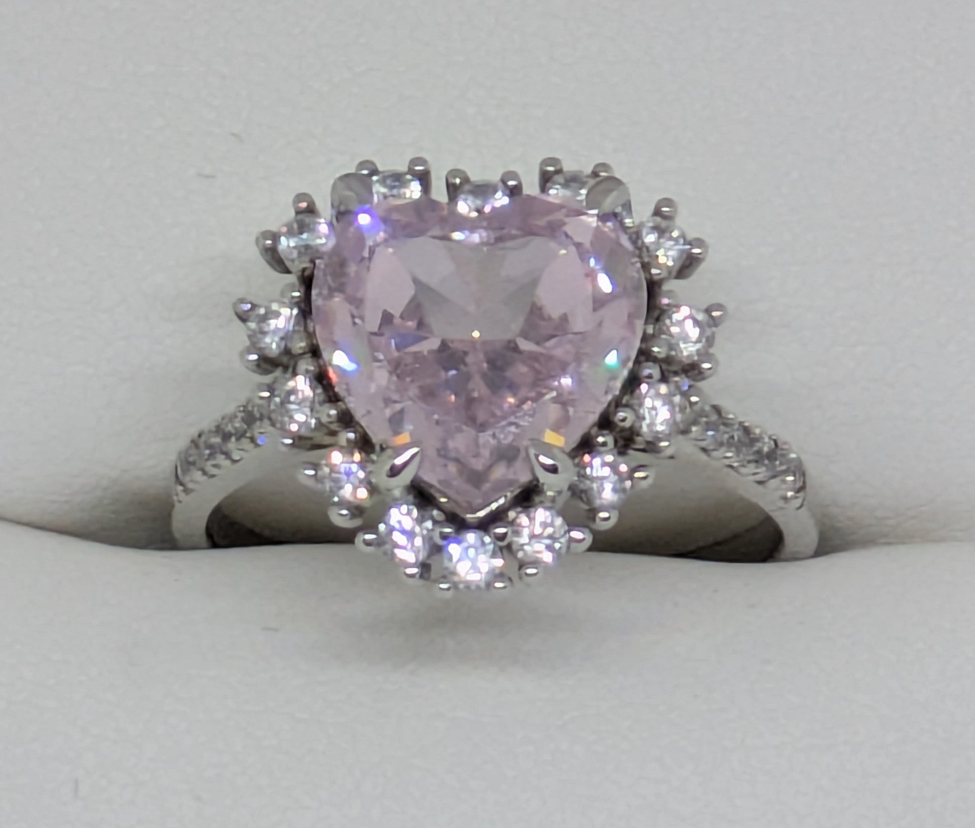 Heart Cut Pink Lab-Created Gemstone Cocktail Ring | Round Brilliant Halo | .925 Sterling Silver