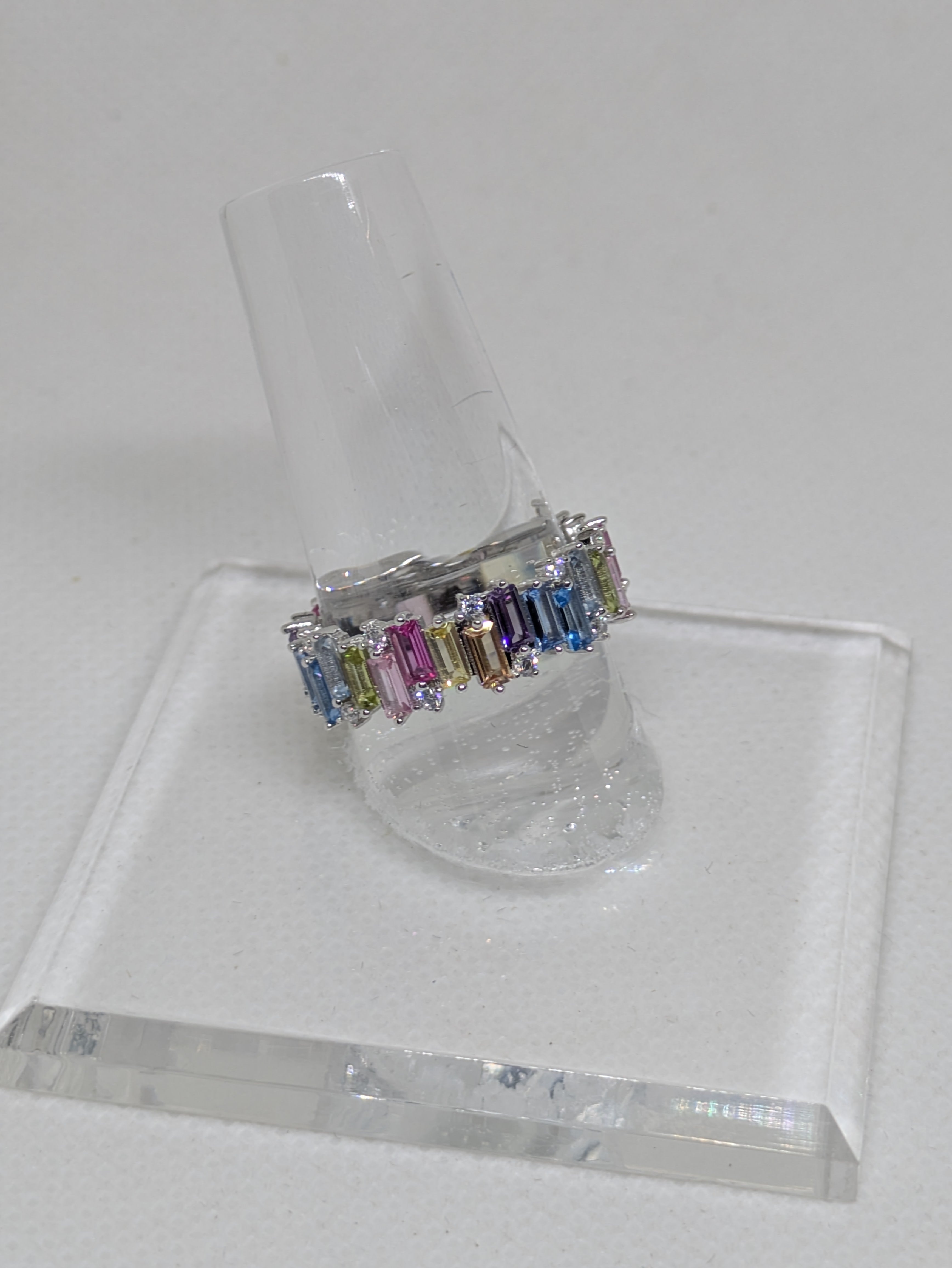 Pastel Rainbow Eternity Band | 3.30ct CZ Baguettes | 18kt White Gold Plated 925 Sterling Silver
