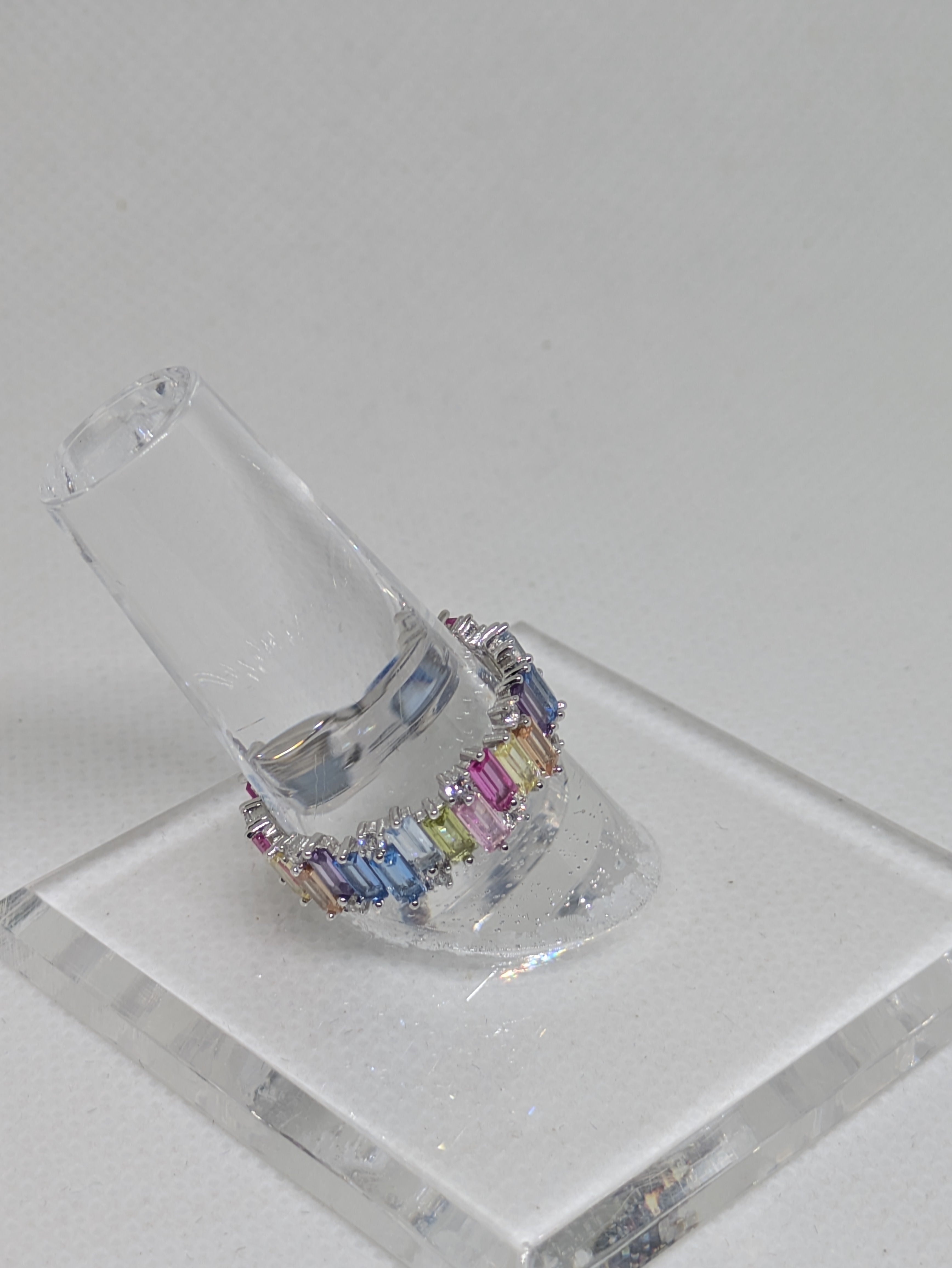 Pastel Rainbow Eternity Band | 3.30ct CZ Baguettes | 18kt White Gold Plated 925 Sterling Silver