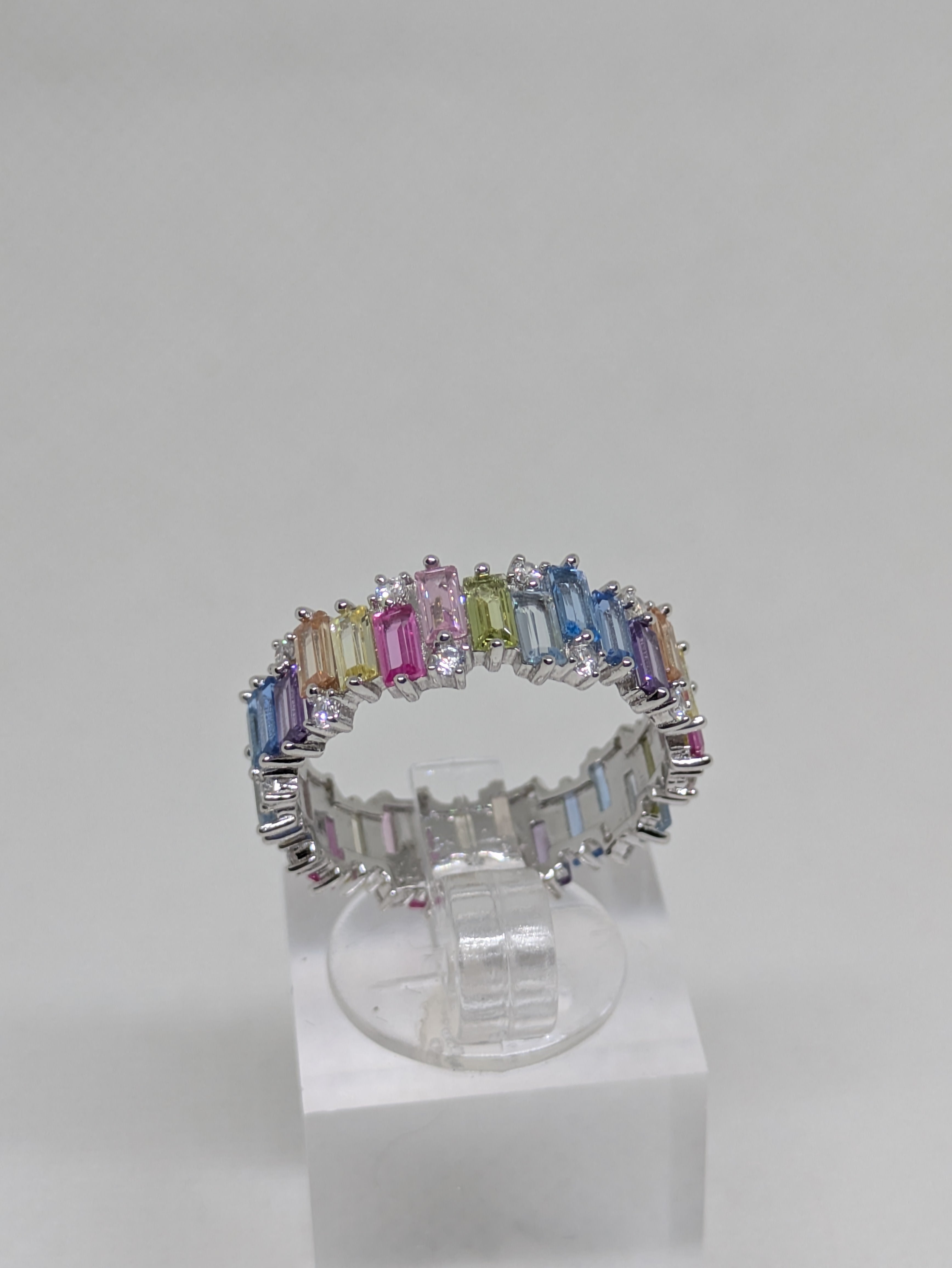 Pastel Rainbow Eternity Band | 3.30ct CZ Baguettes | 18kt White Gold Plated 925 Sterling Silver