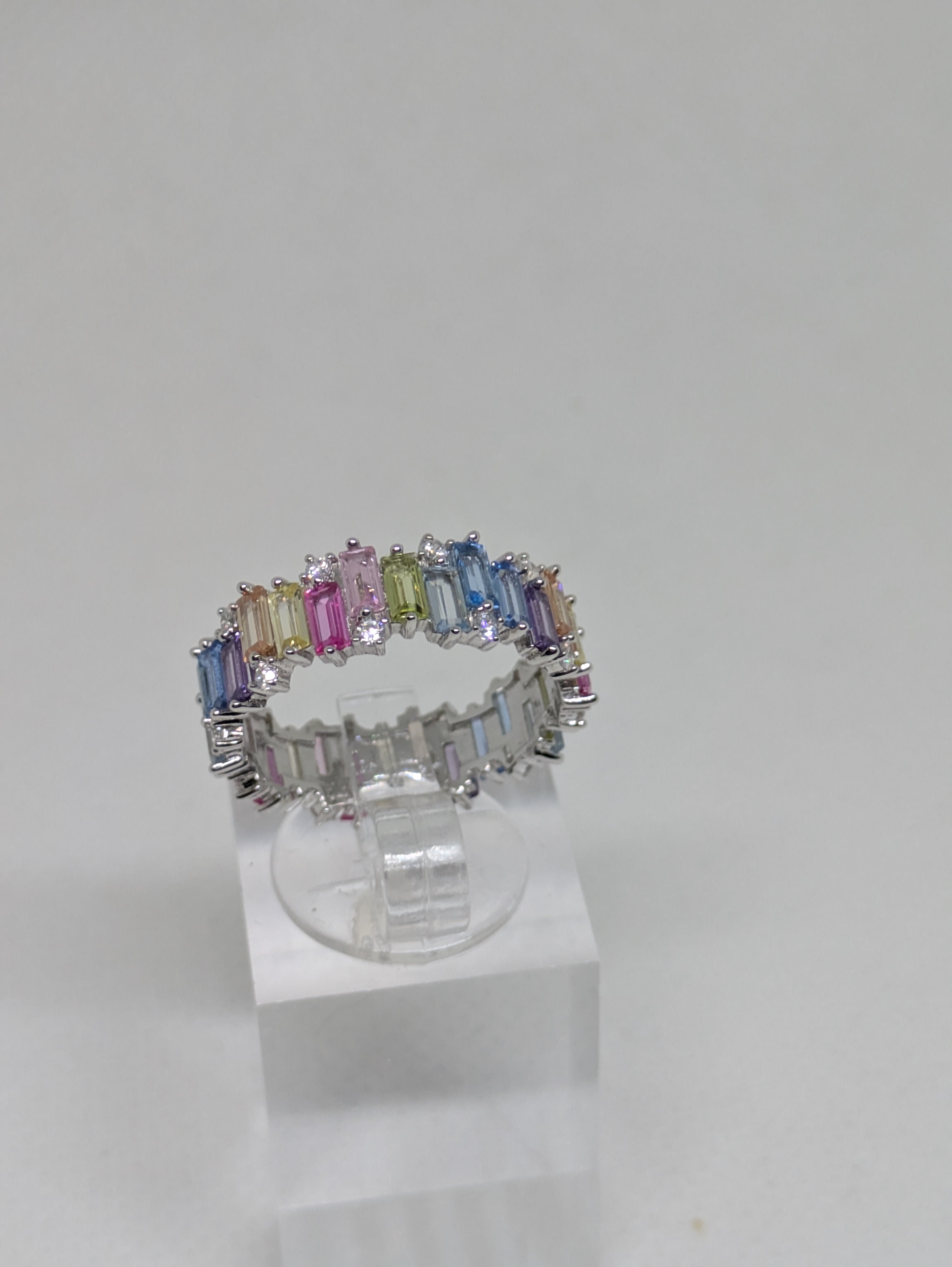 Pastel Rainbow Eternity Band | 3.30ct CZ Baguettes | 18kt White Gold Plated 925 Sterling Silver