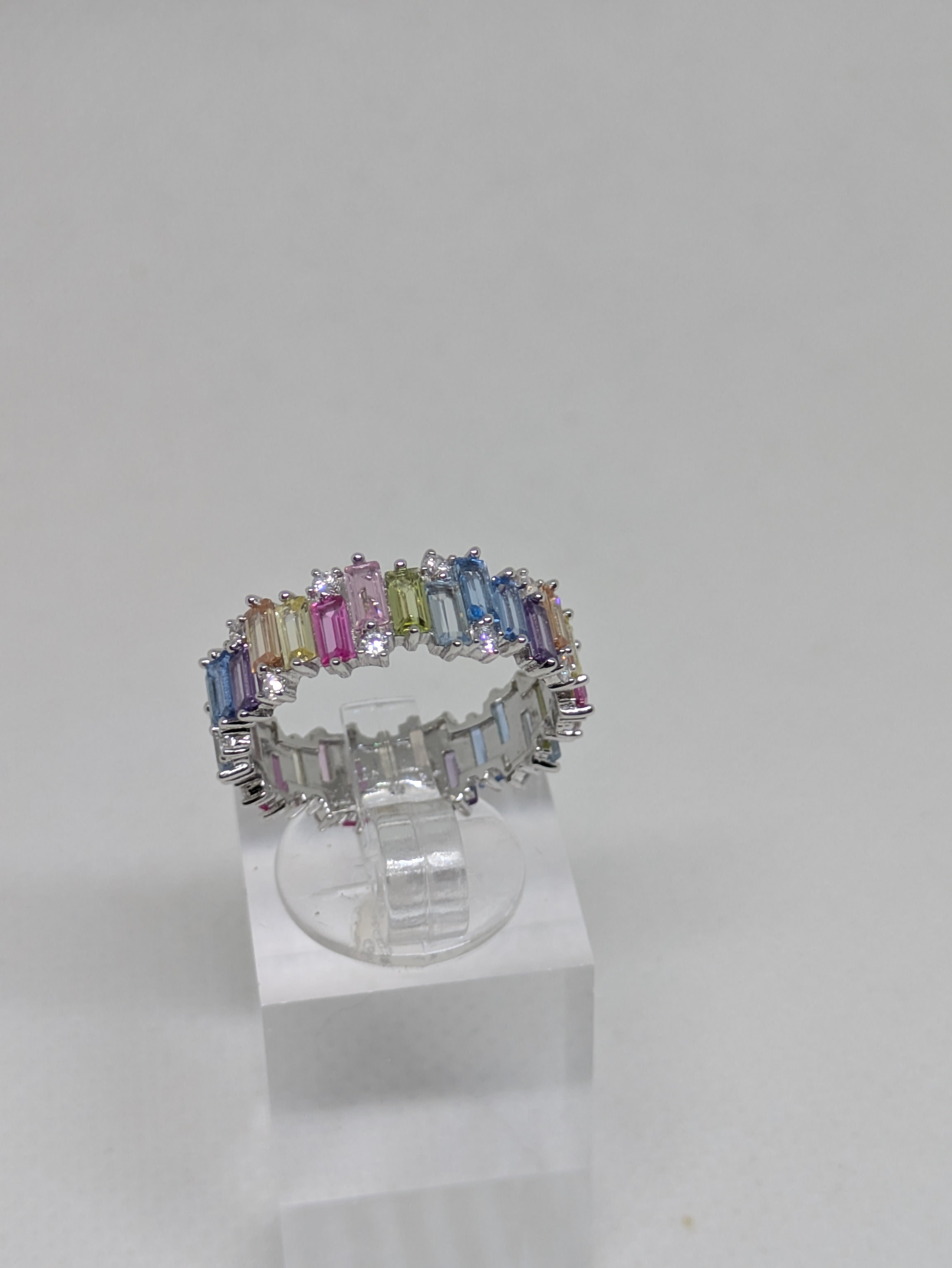 Pastel Rainbow Eternity Band | 3.30ct CZ Baguettes | 18kt White Gold Plated 925 Sterling Silver