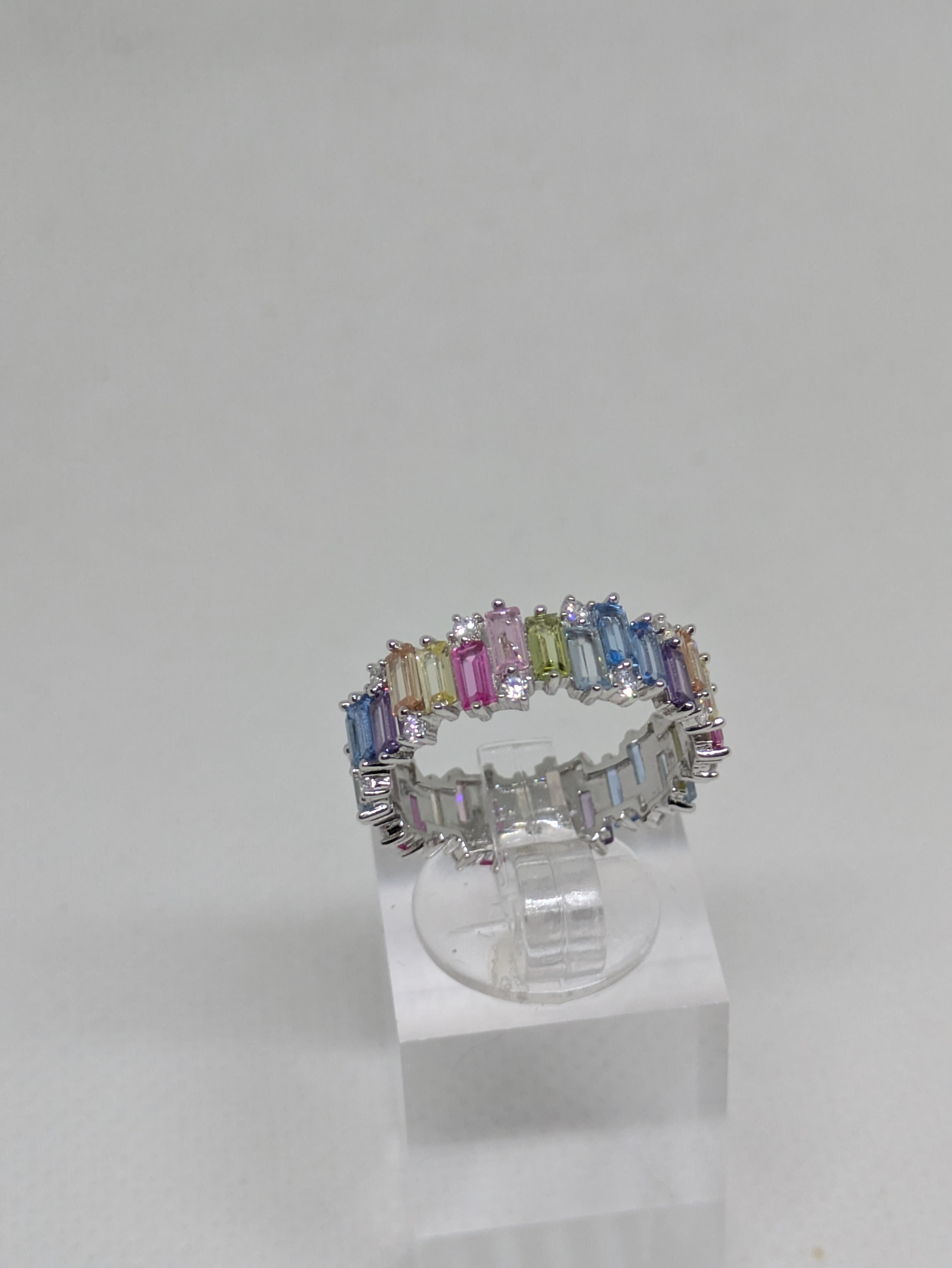 Pastel Rainbow Eternity Band | 3.30ct CZ Baguettes | 18kt White Gold Plated 925 Sterling Silver