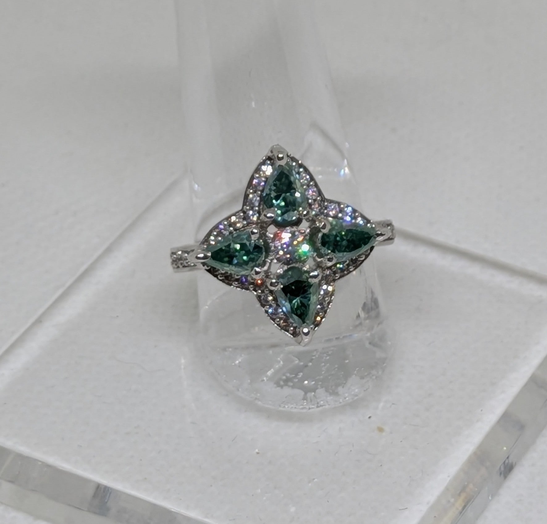 3.60ctw Wintergreen Moissanite Flower Petal Cocktail Ring | VVS1 Pear Cut Sterling Silver Size 7.5