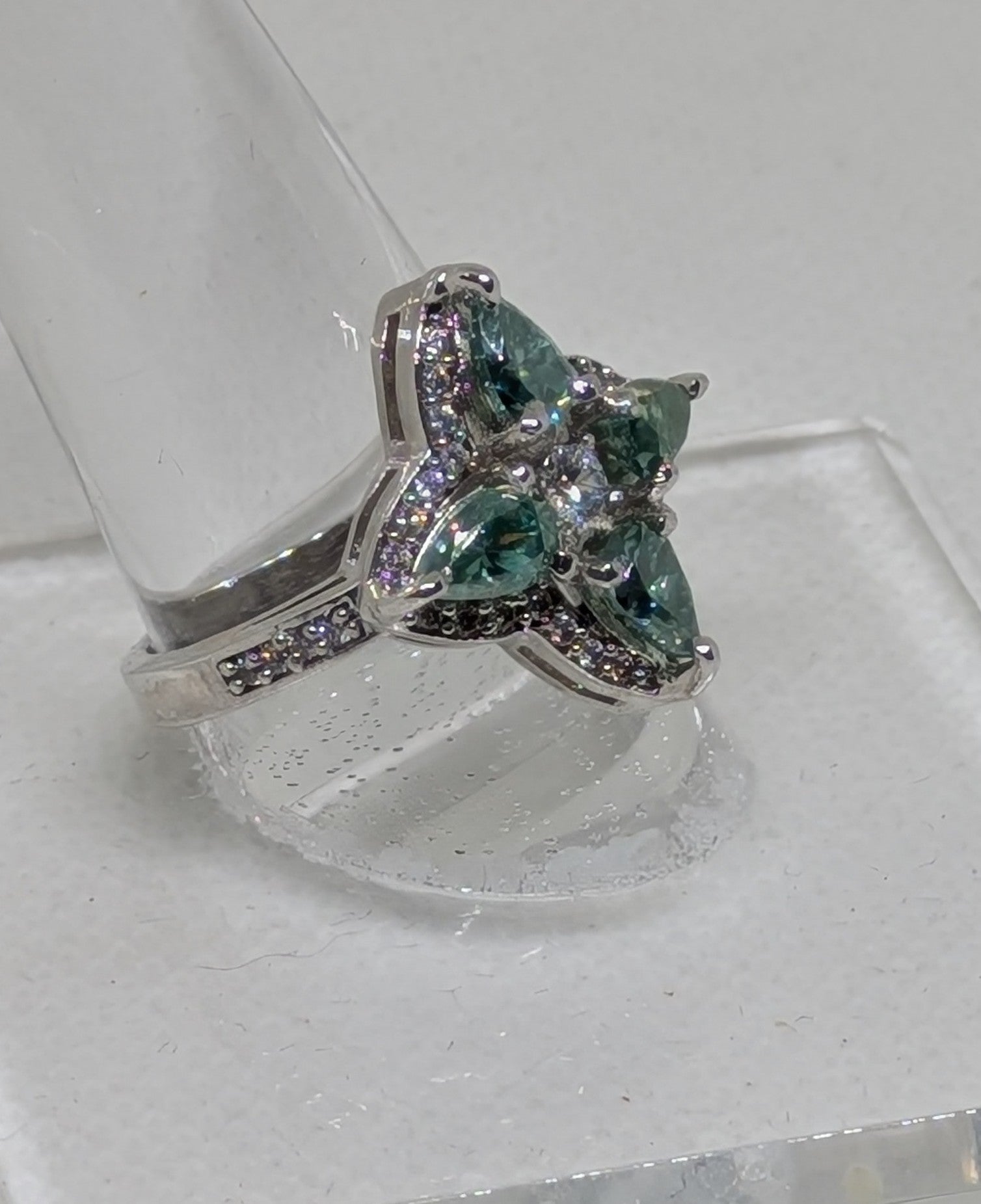 3.60ctw Wintergreen Moissanite Flower Petal Cocktail Ring | VVS1 Pear Cut Sterling Silver Size 7.5