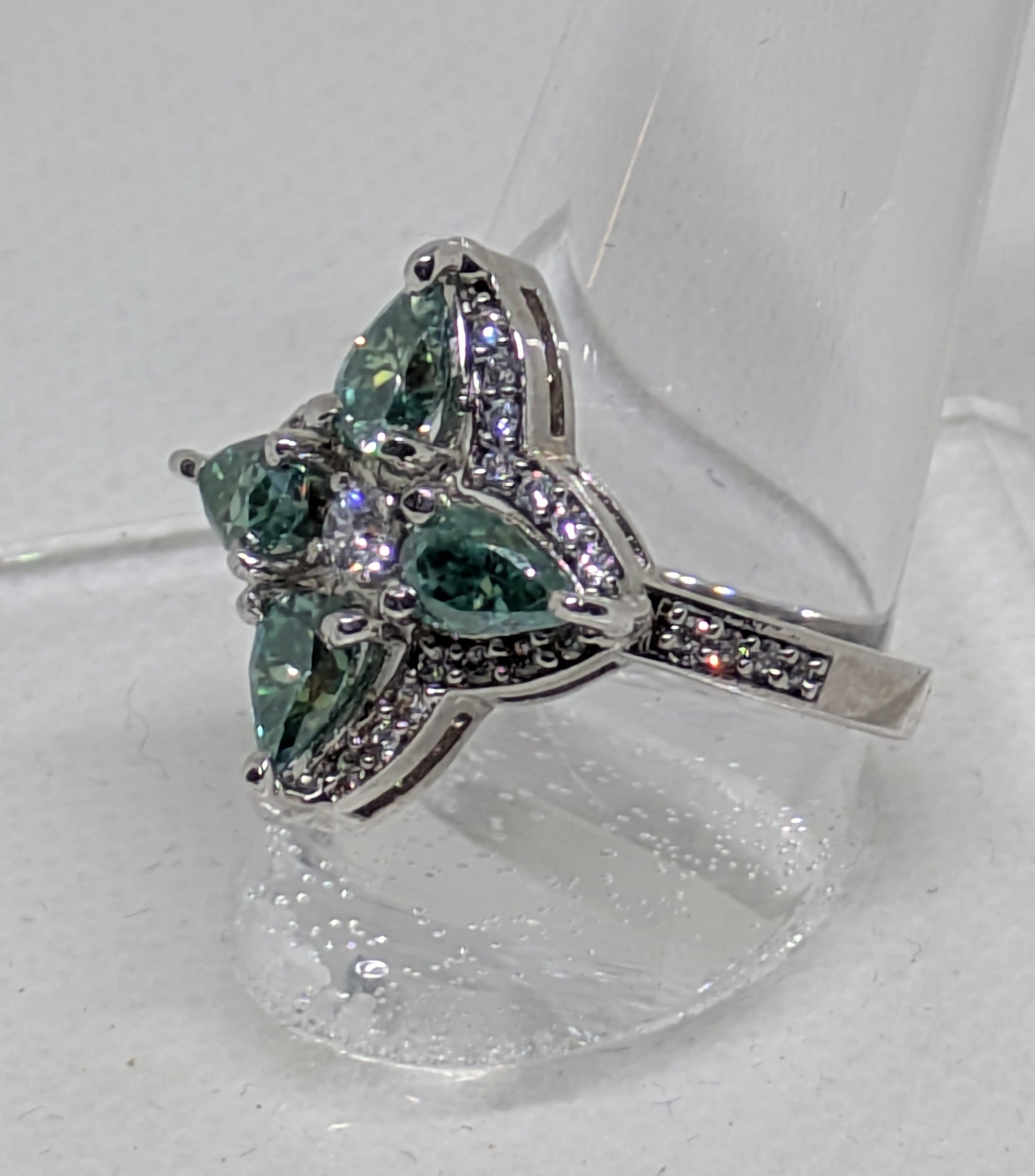 3.60ctw Wintergreen Moissanite Flower Petal Cocktail Ring | VVS1 Pear Cut Sterling Silver Size 7.5