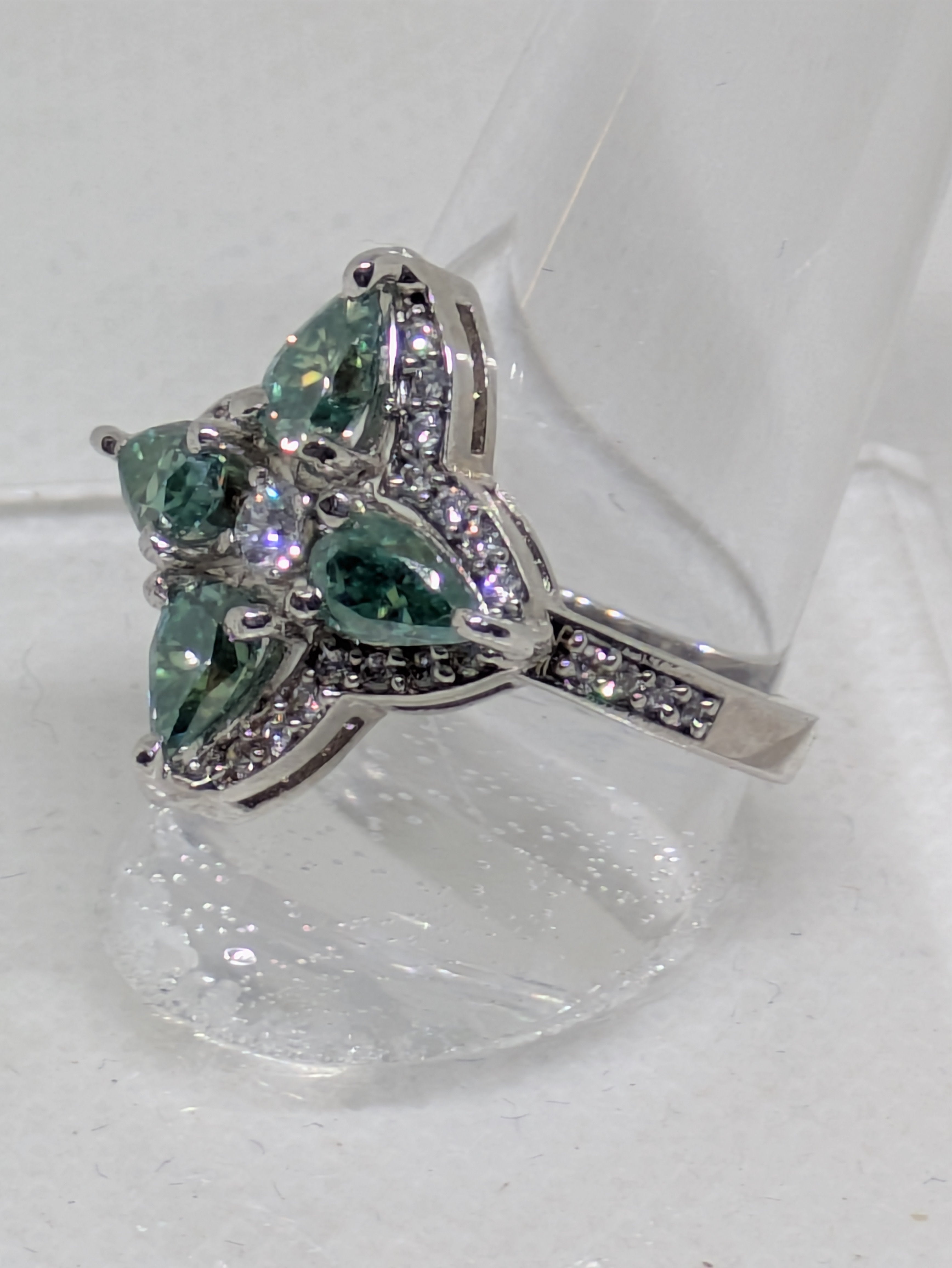 3.60ctw Wintergreen Moissanite Flower Petal Cocktail Ring | VVS1 Pear Cut Sterling Silver Size 7.5